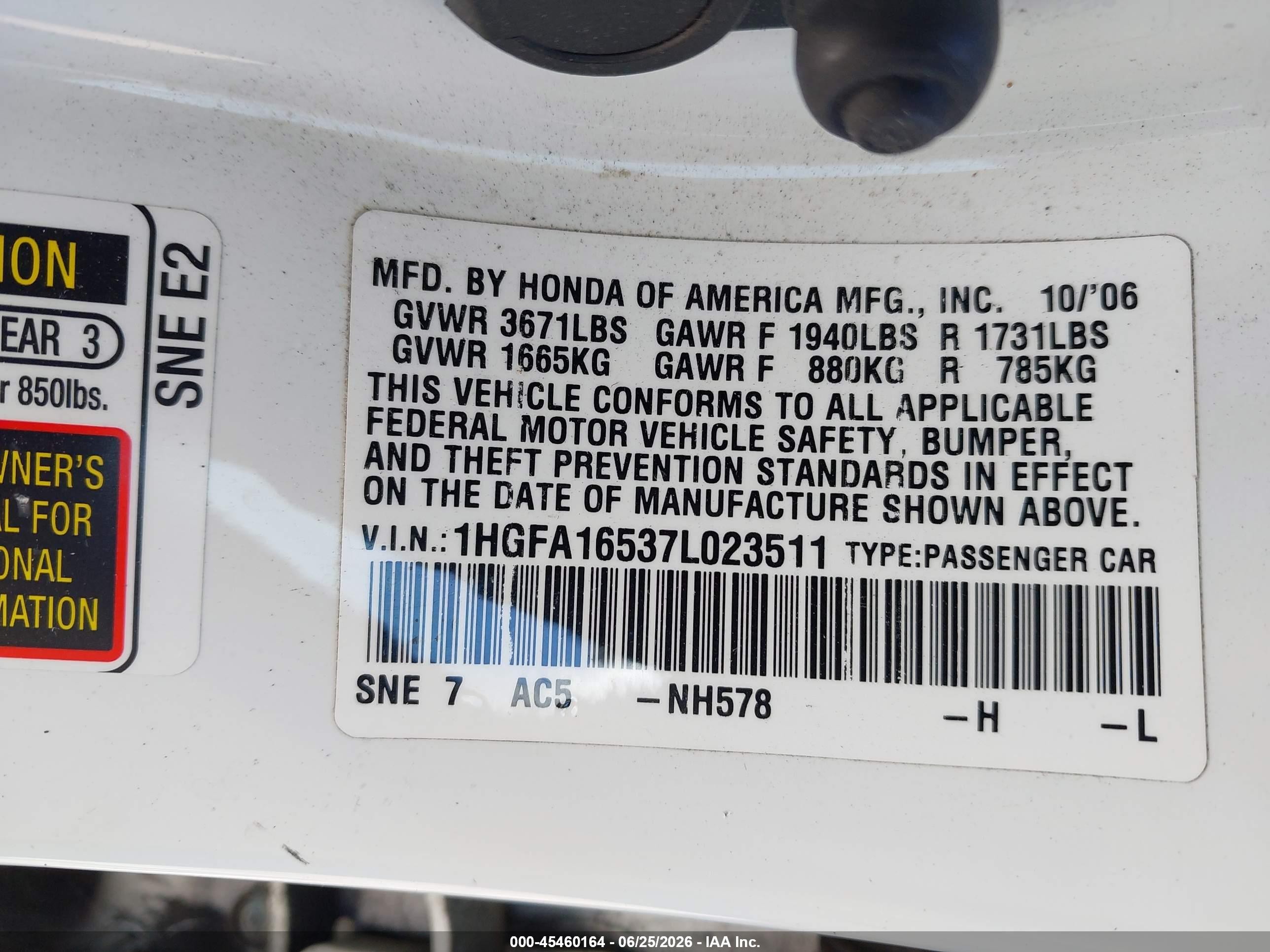 2007 Honda Civic Lx White vin: 1HGFA16537L023511