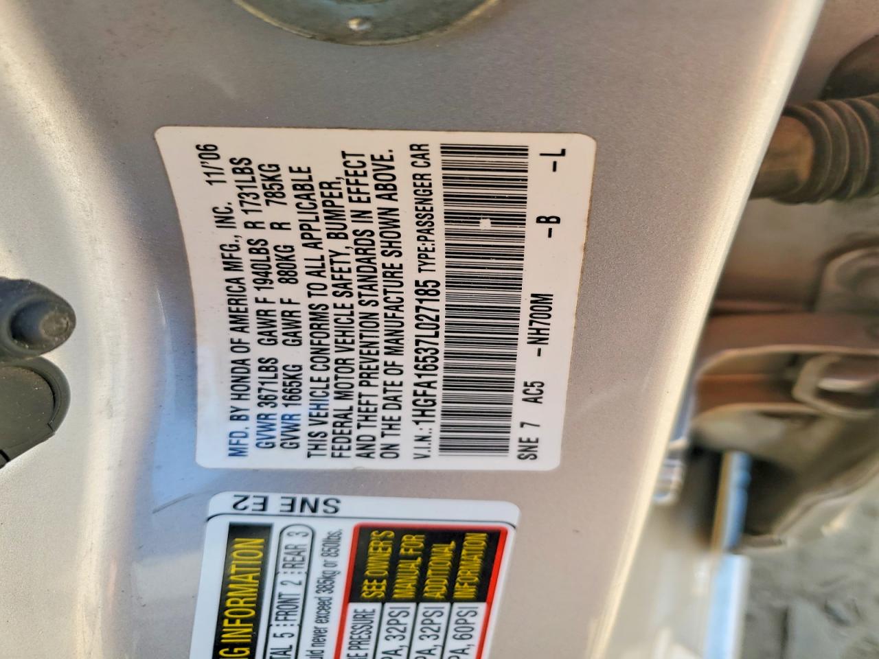 2007 Honda Civic Lx Silver vin: 1HGFA16537L027185