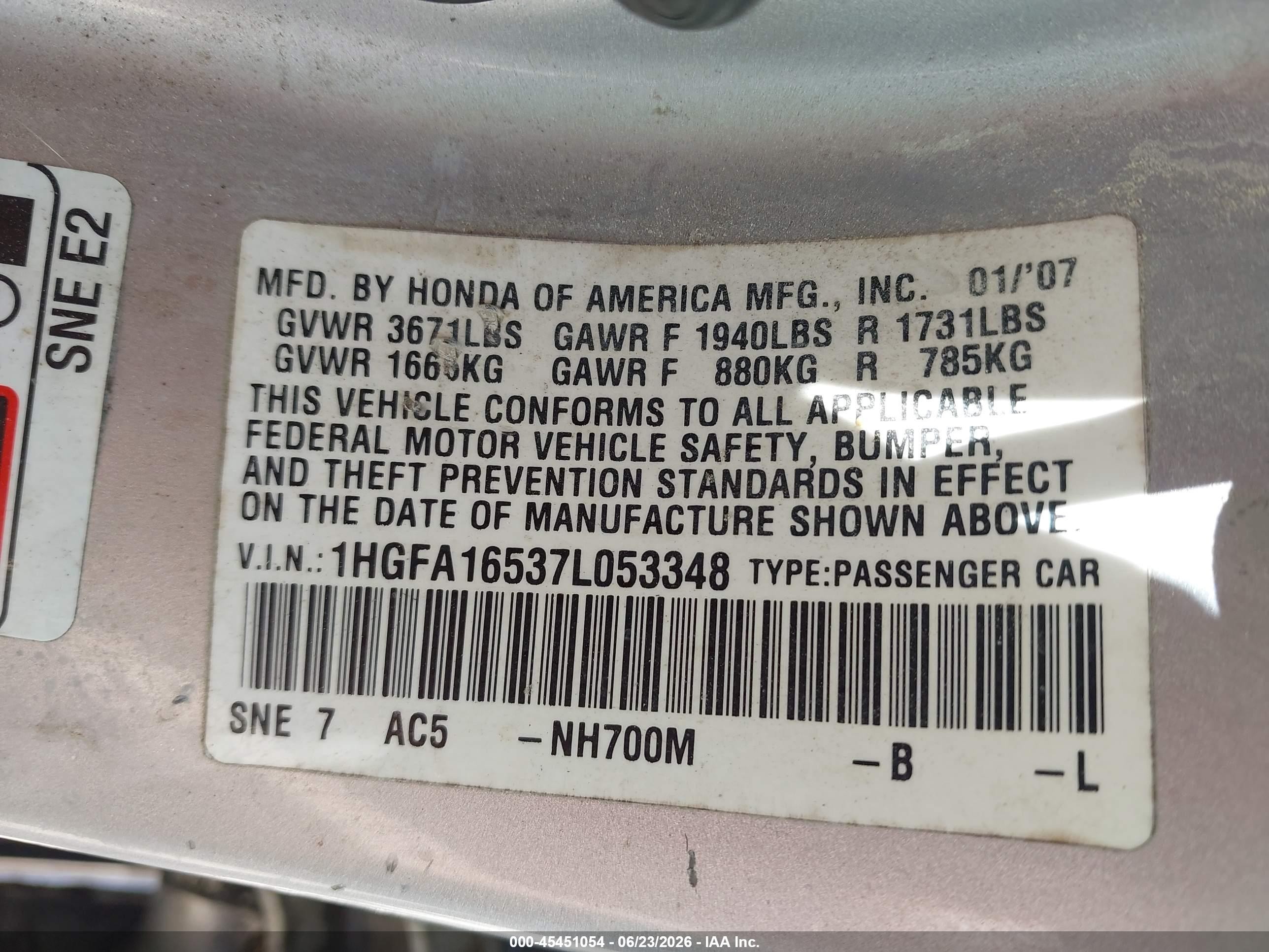 2007 Honda Civic Lx Silver vin: 1HGFA16537L053348