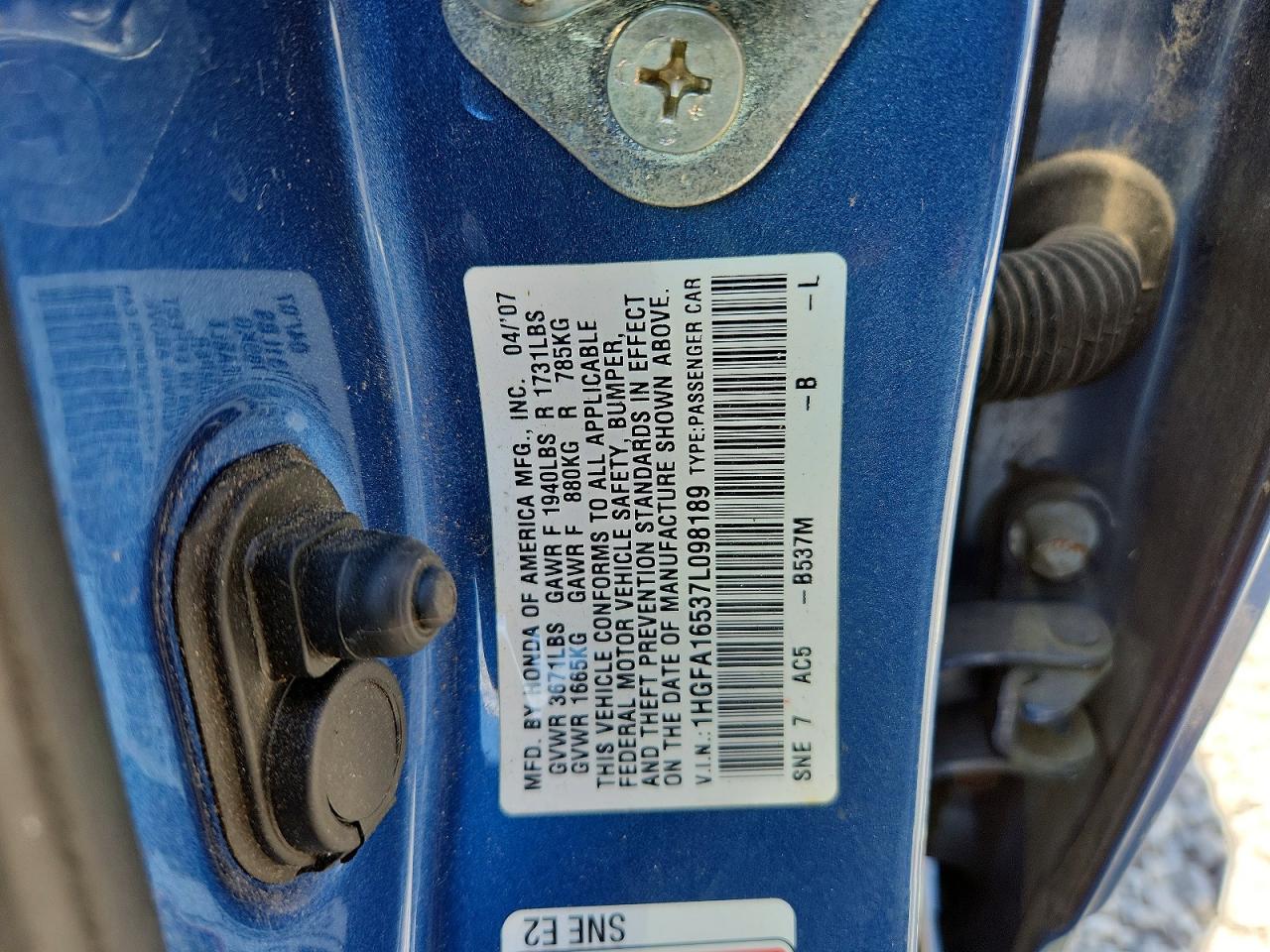 2007 Honda Civic Lx Blue vin: 1HGFA16537L098189