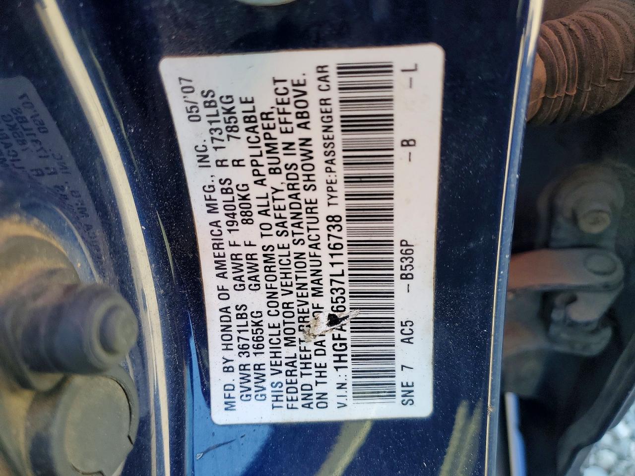 2007 Honda Civic Lx Синий vin: 1HGFA16537L116738