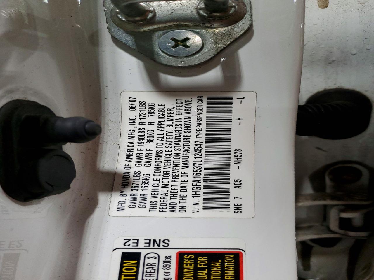 2007 Honda Civic Lx White vin: 1HGFA16537L124547