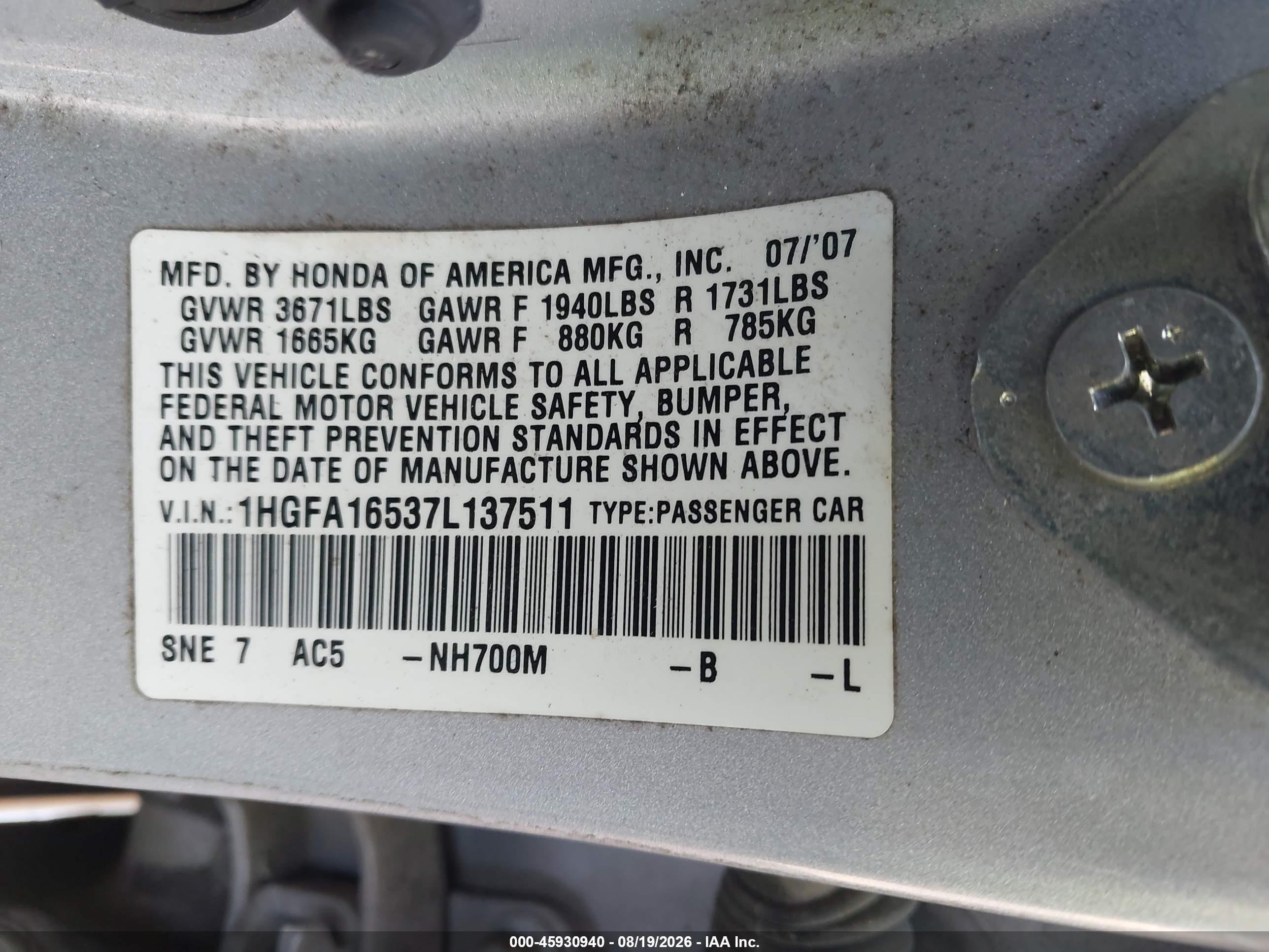 2007 Honda Civic Lx Silver vin: 1HGFA16537L137511