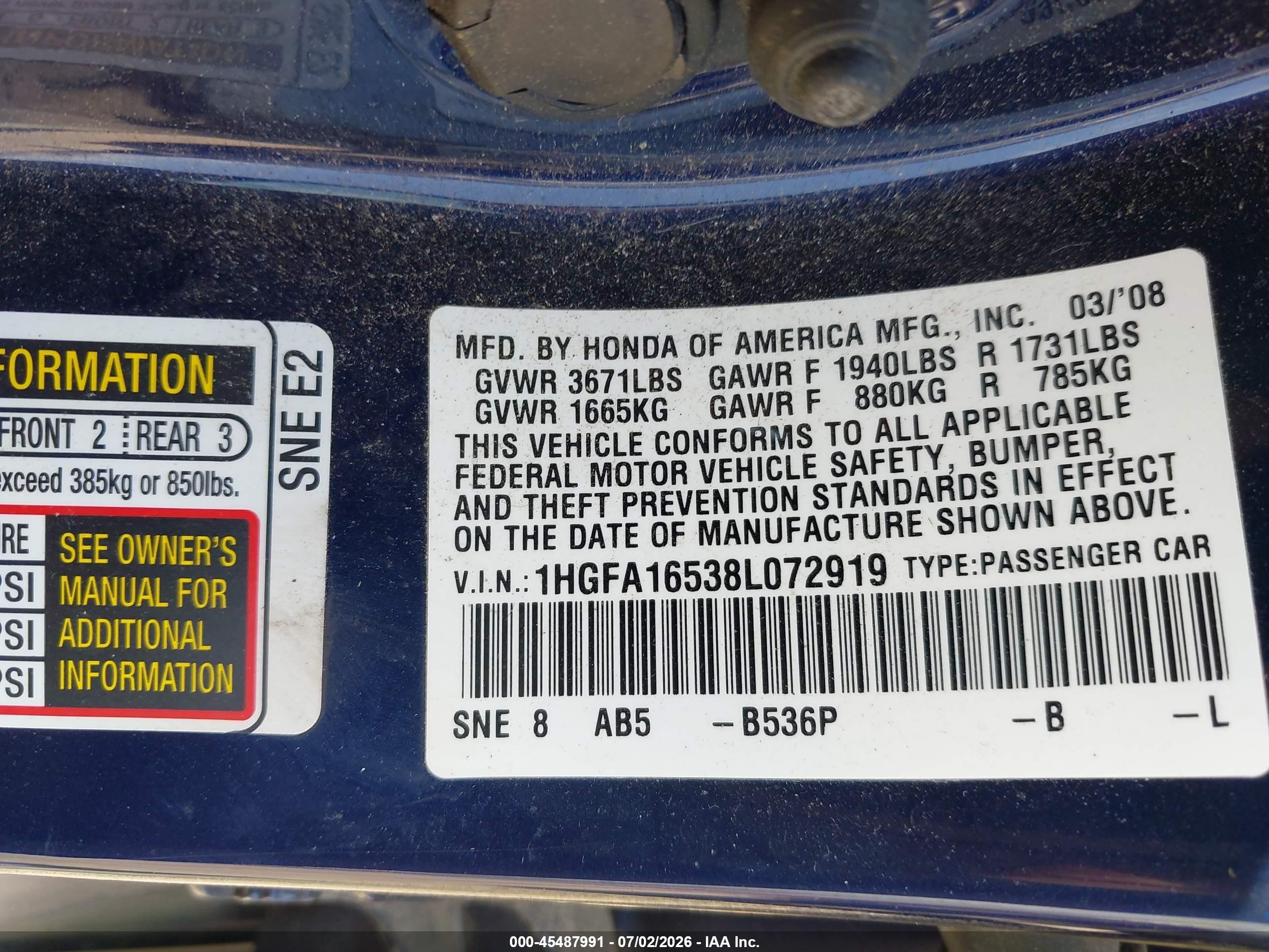 2008 Honda Civic Lx Blue vin: 1HGFA16538L072919