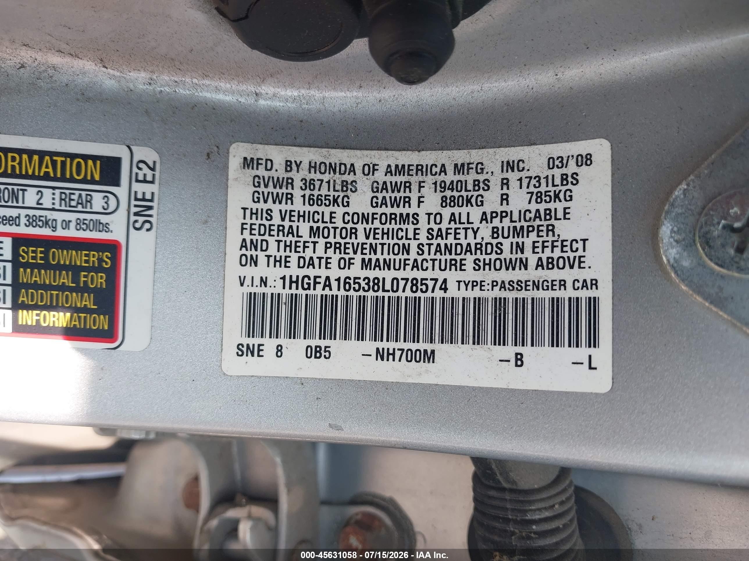2008 Honda Civic Lx Silver vin: 1HGFA16538L078574