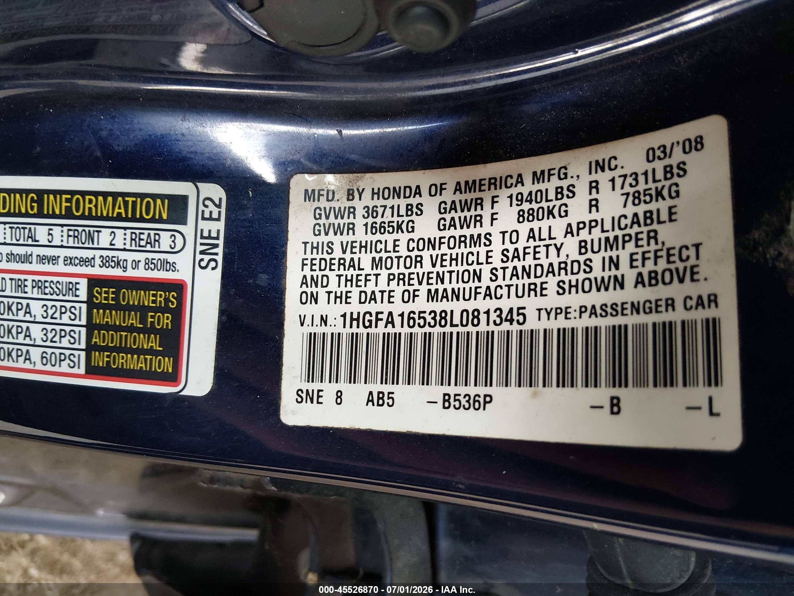 2008 Honda Civic Lx Синий vin: 1HGFA16538L081345