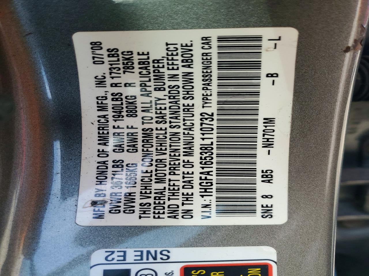 2008 Honda Civic Lx Gray vin: 1HGFA16538L110732