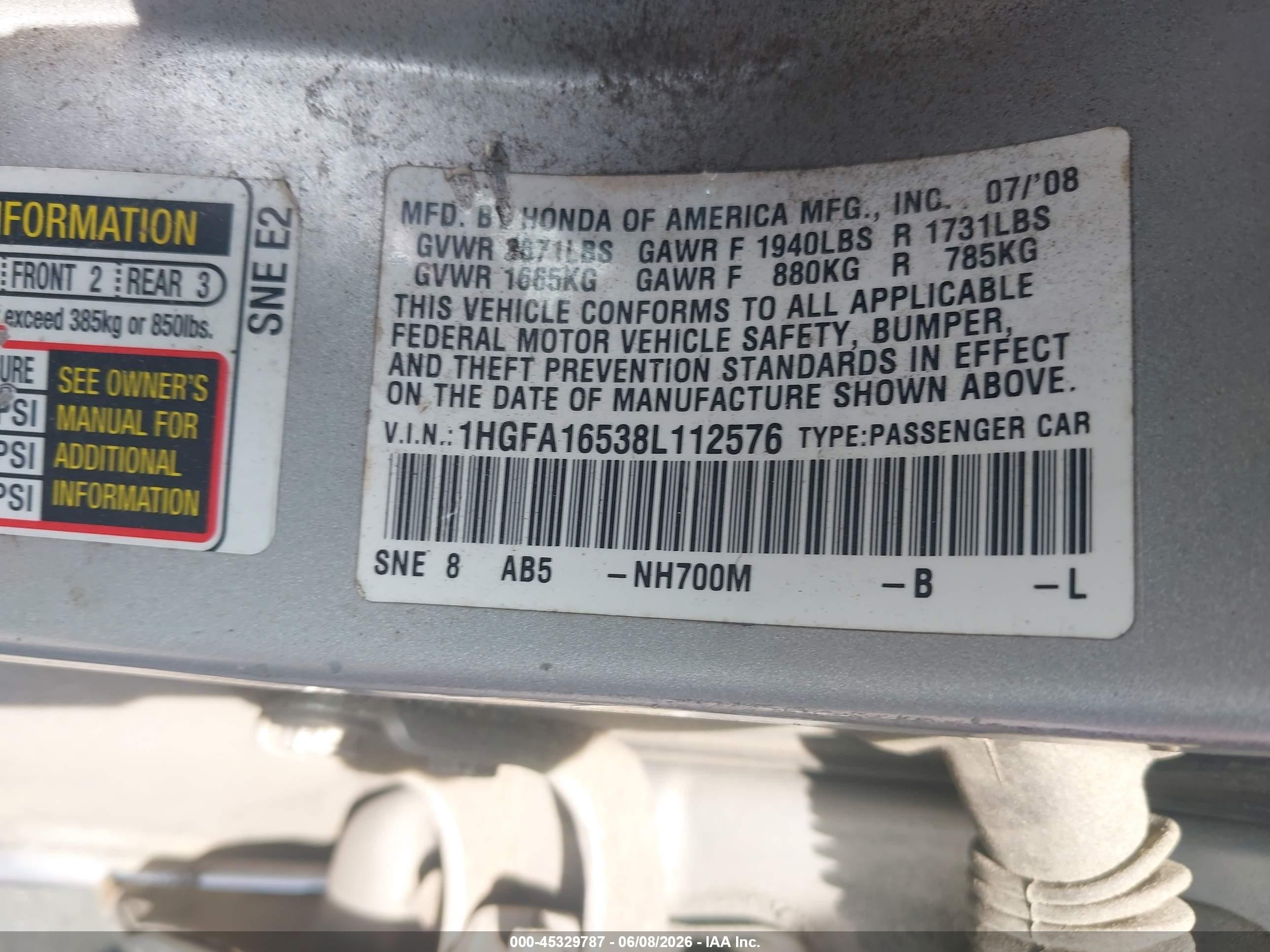 2008 Honda Civic Lx Silver vin: 1HGFA16538L112576
