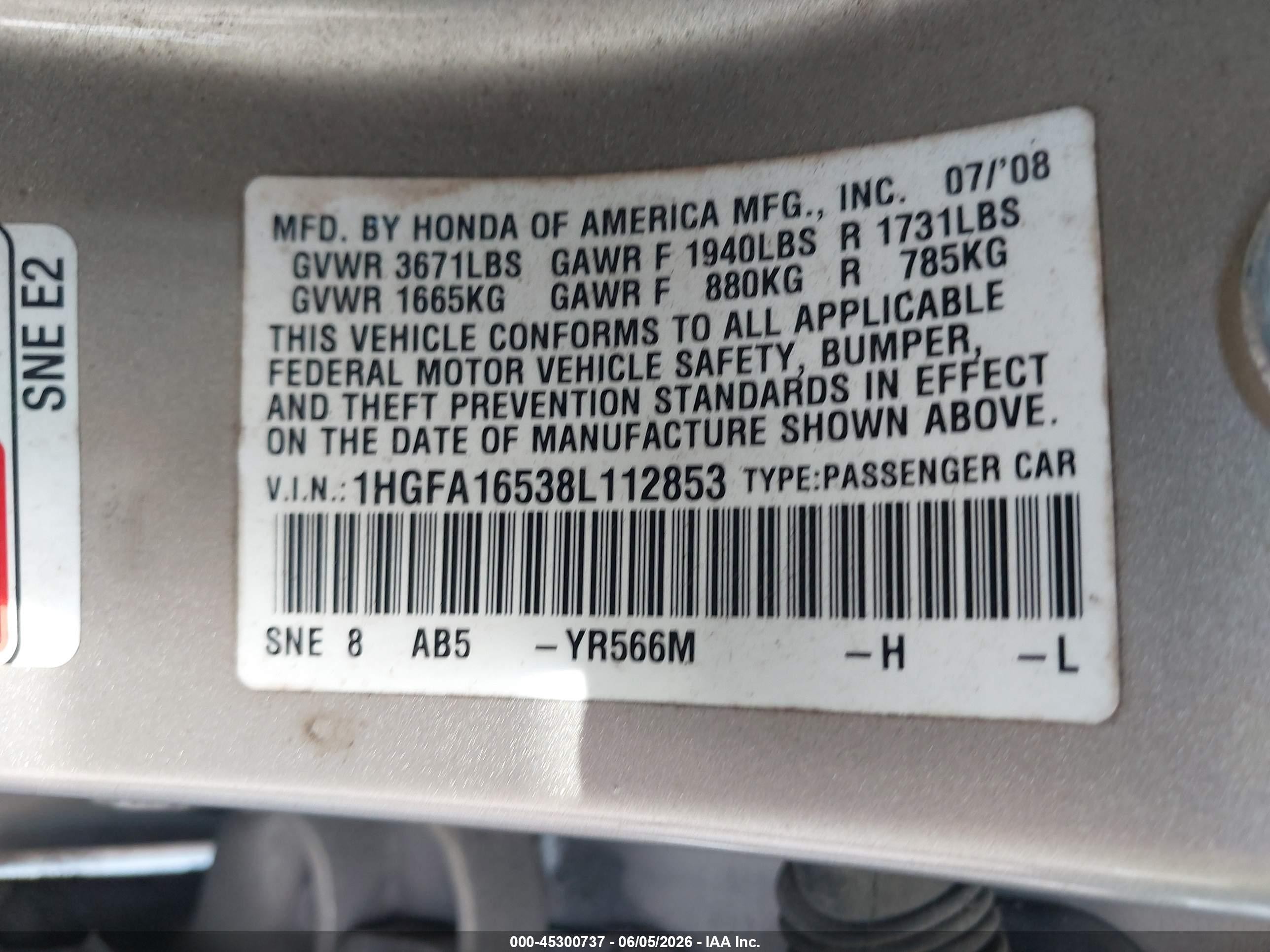 2008 Honda Civic Lx Gold vin: 1HGFA16538L112853