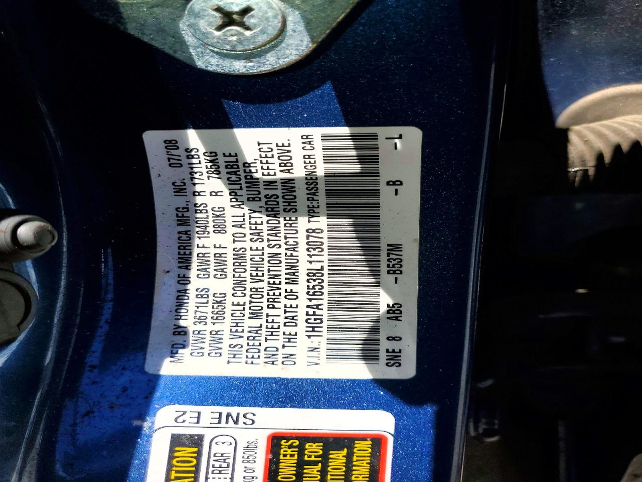 2008 Honda Civic Lx Blue vin: 1HGFA16538L113078