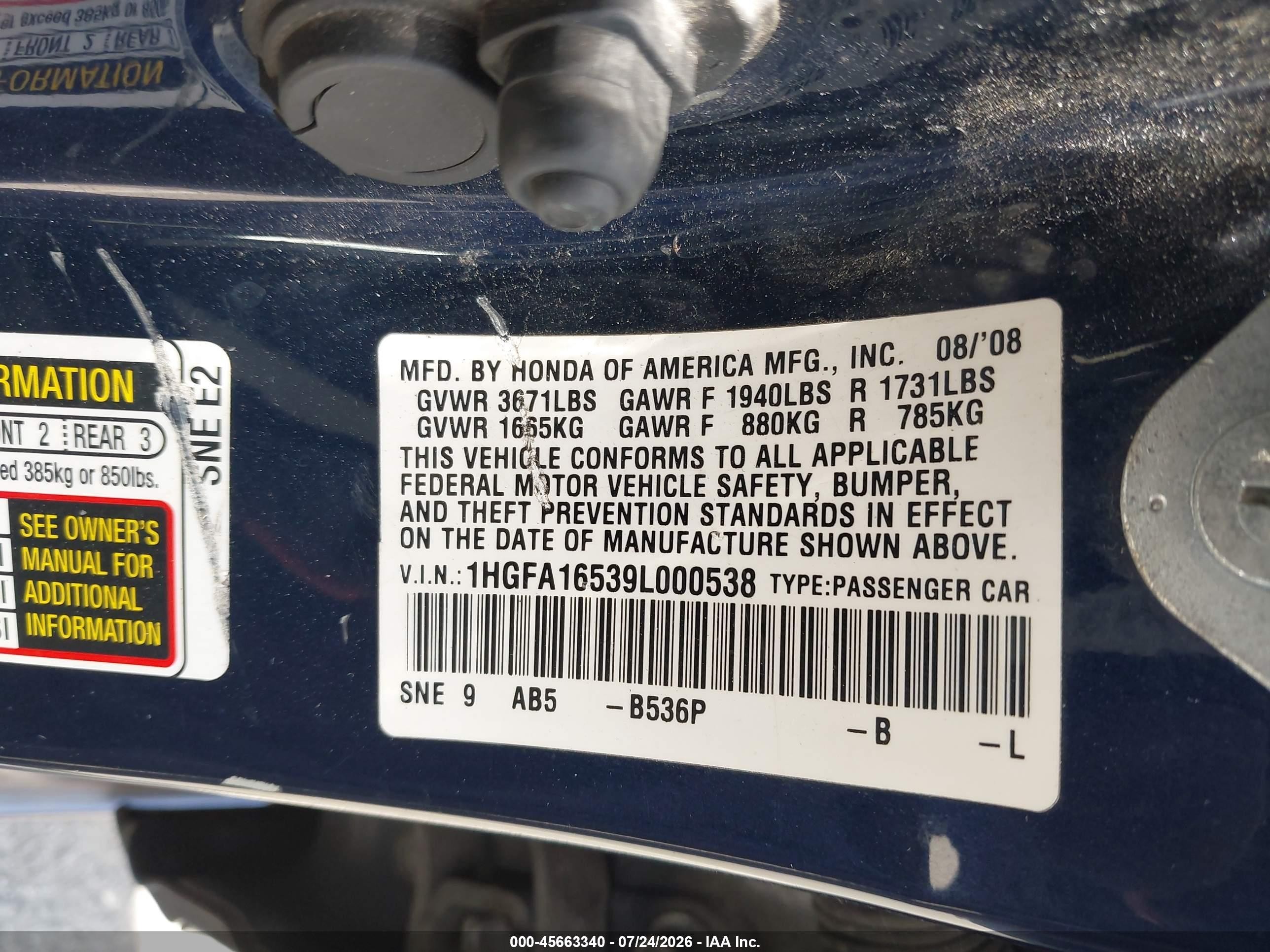 2009 Honda Civic Lx Dark Blue vin: 1HGFA16539L000538