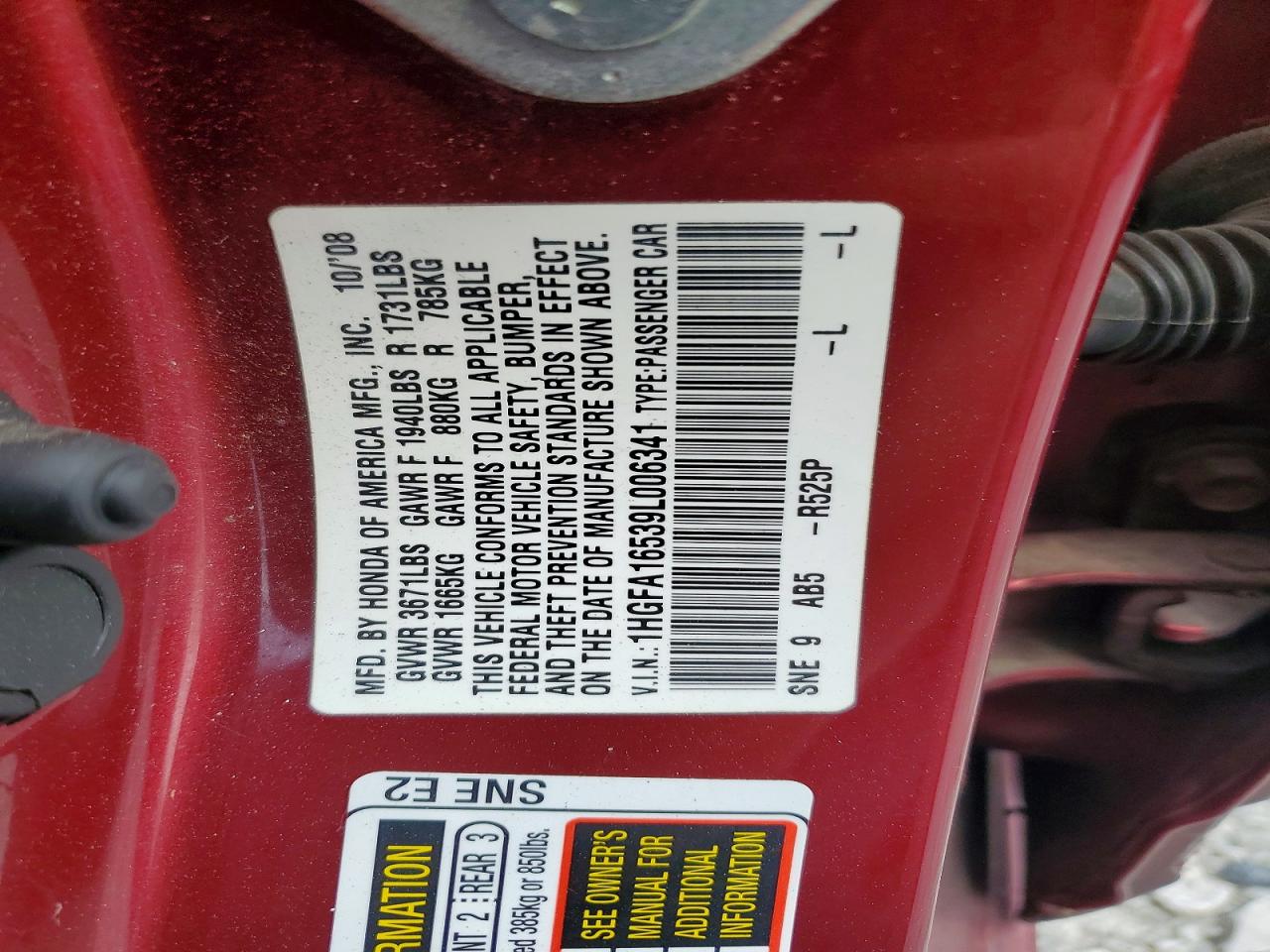 2009 Honda Civic Lx Burgundy vin: 1HGFA16539L006341