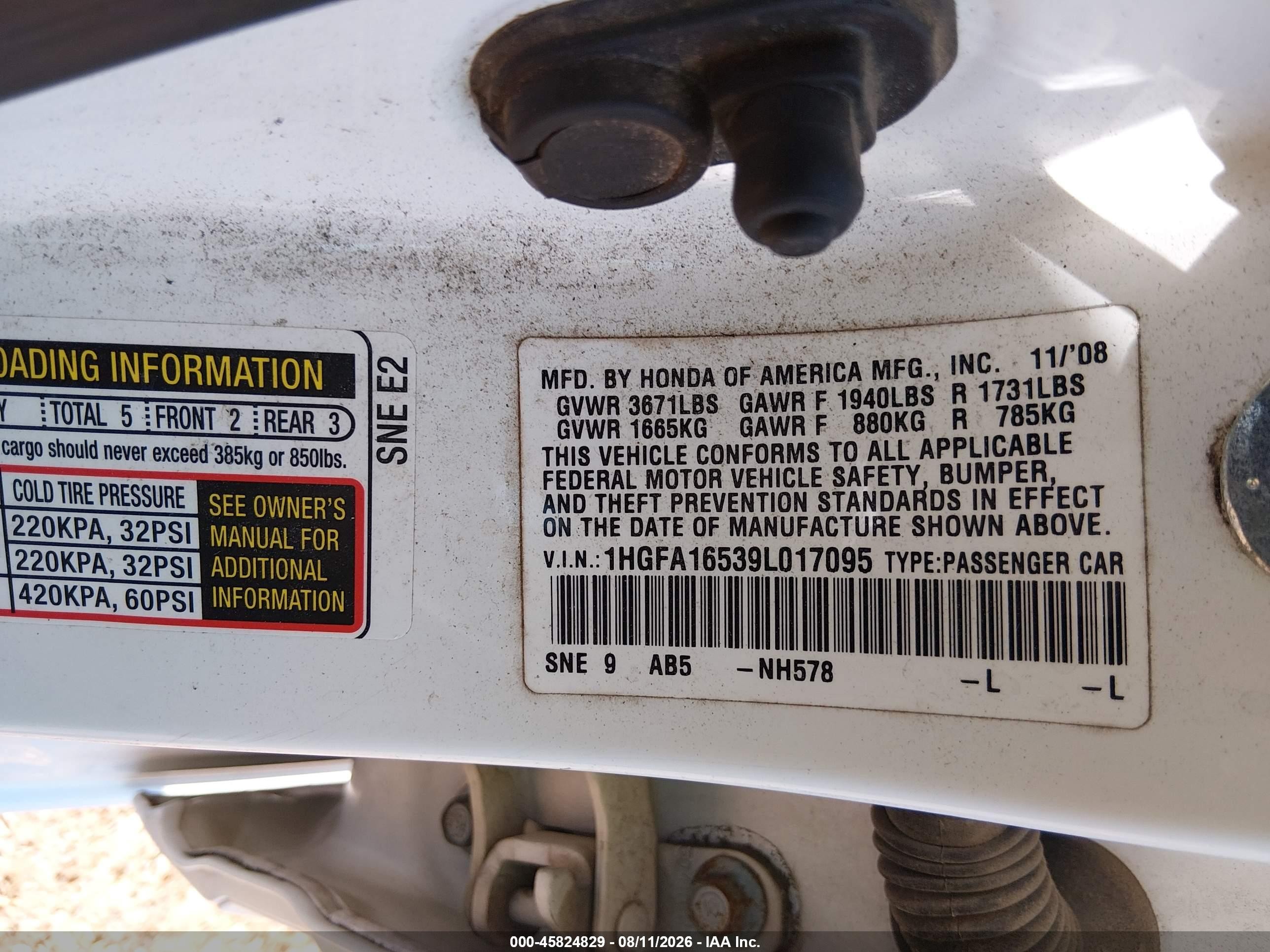 2009 Honda Civic Lx White vin: 1HGFA16539L017095