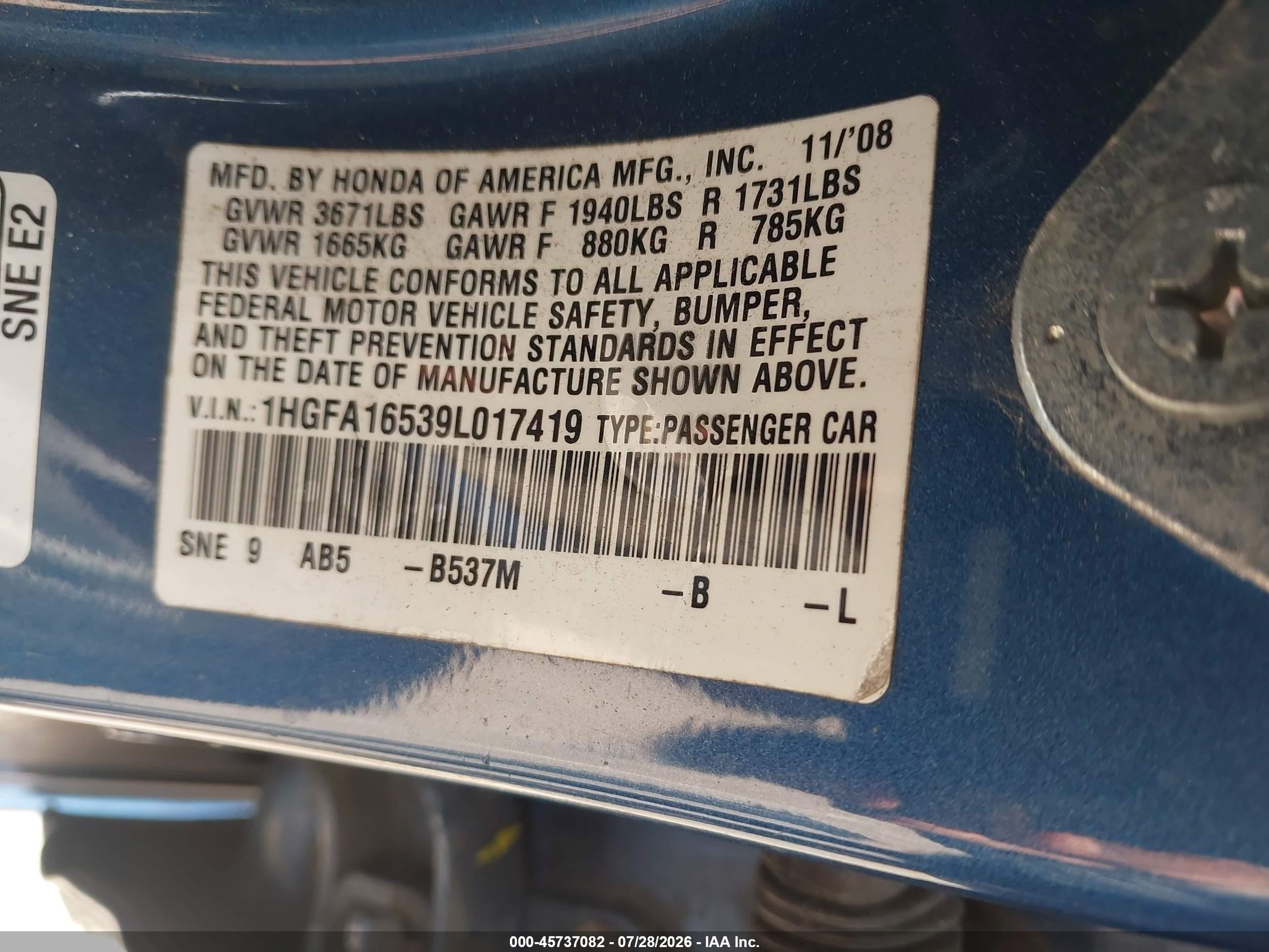2009 Honda Civic Lx Blue vin: 1HGFA16539L017419