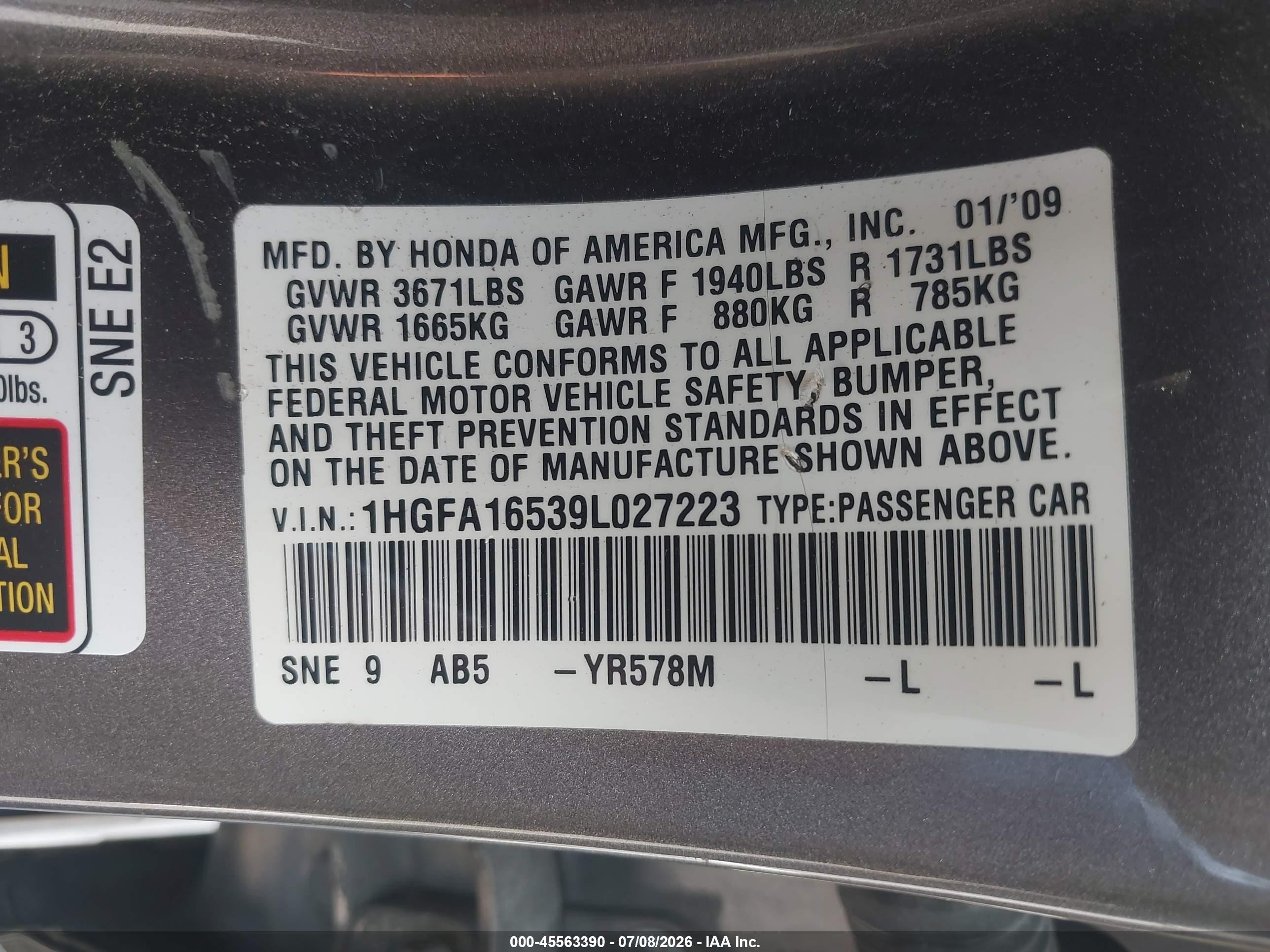 2009 Honda Civic Lx Champagne vin: 1HGFA16539L027223