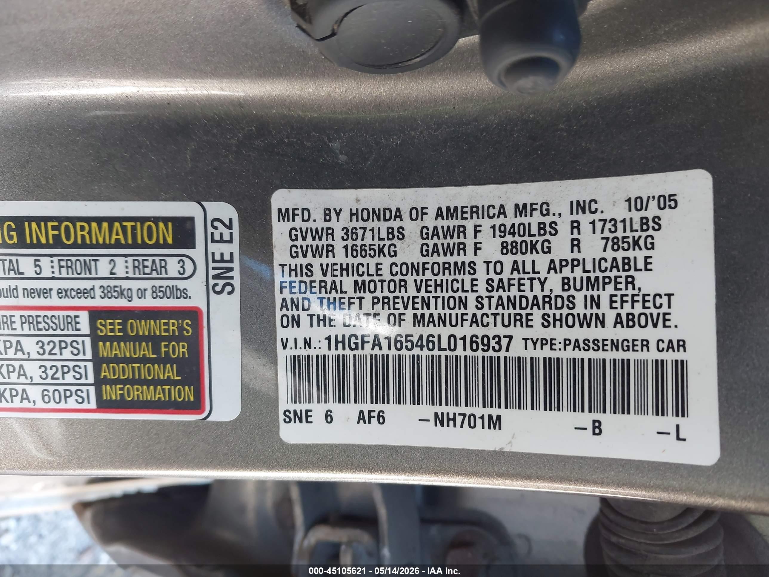 2006 Honda Civic Lx Gray vin: 1HGFA16546L016937