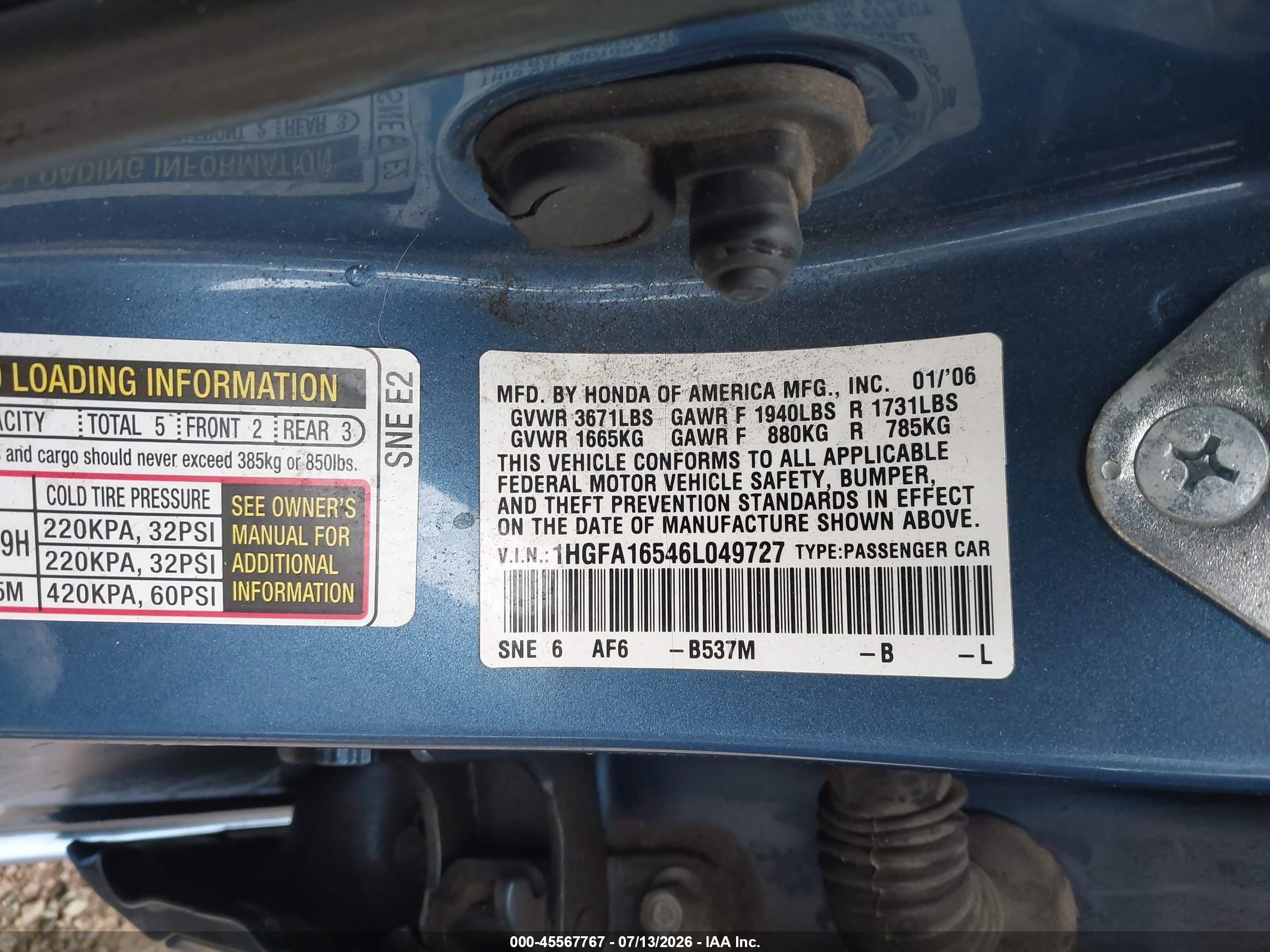 2006 Honda Civic Lx Blue vin: 1HGFA16546L049727