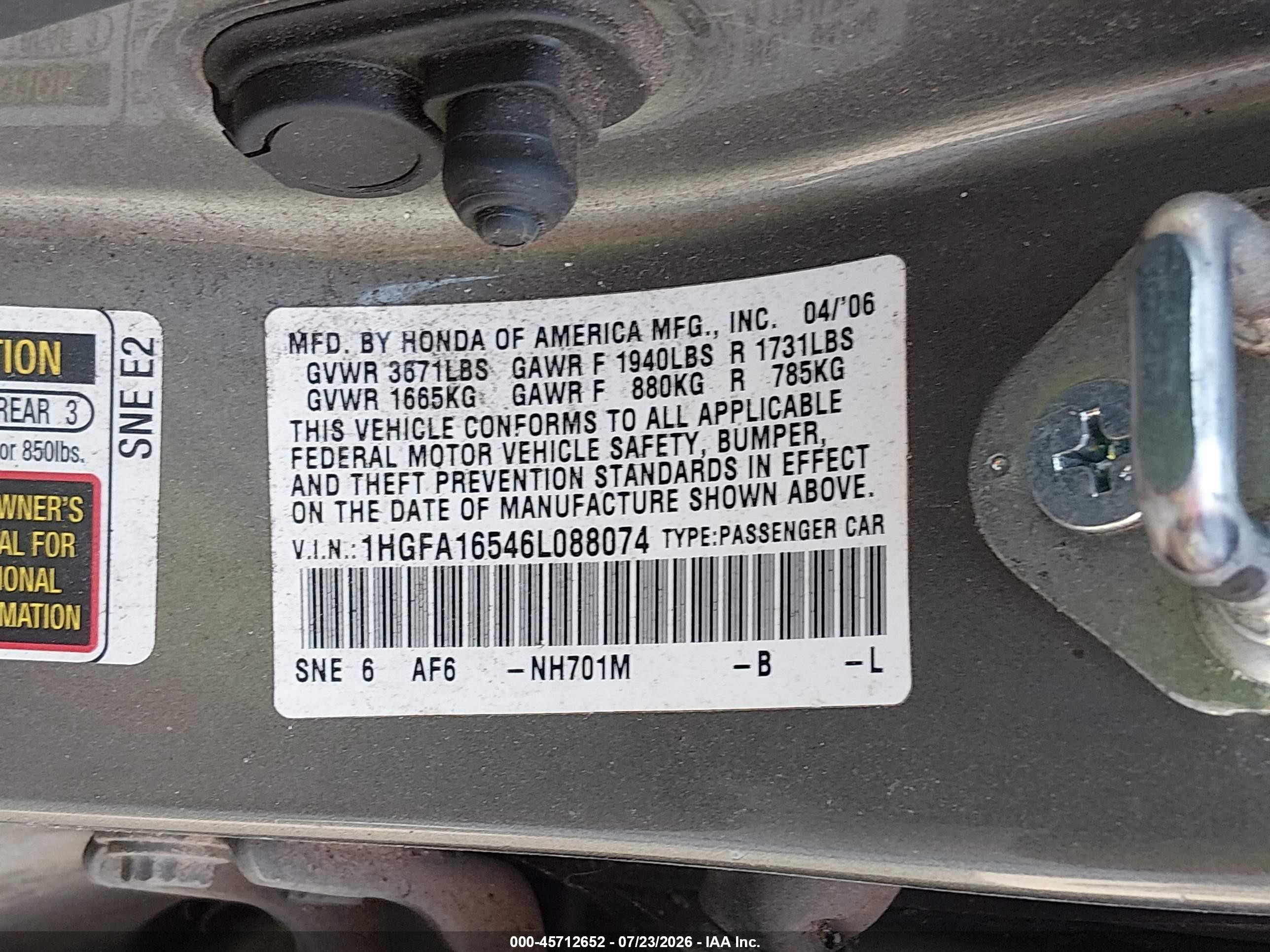 2006 Honda Civic Lx Brown vin: 1HGFA16546L088074