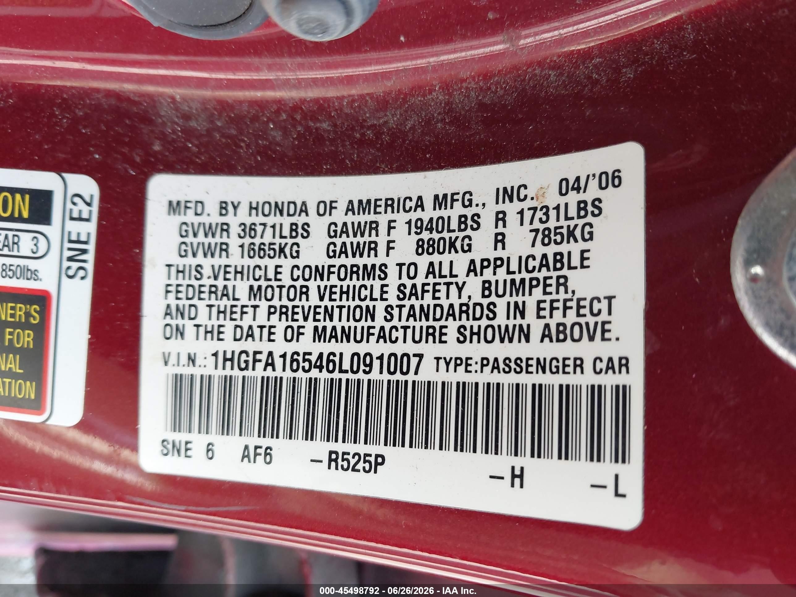 2006 Honda Civic Lx Maroon vin: 1HGFA16546L091007