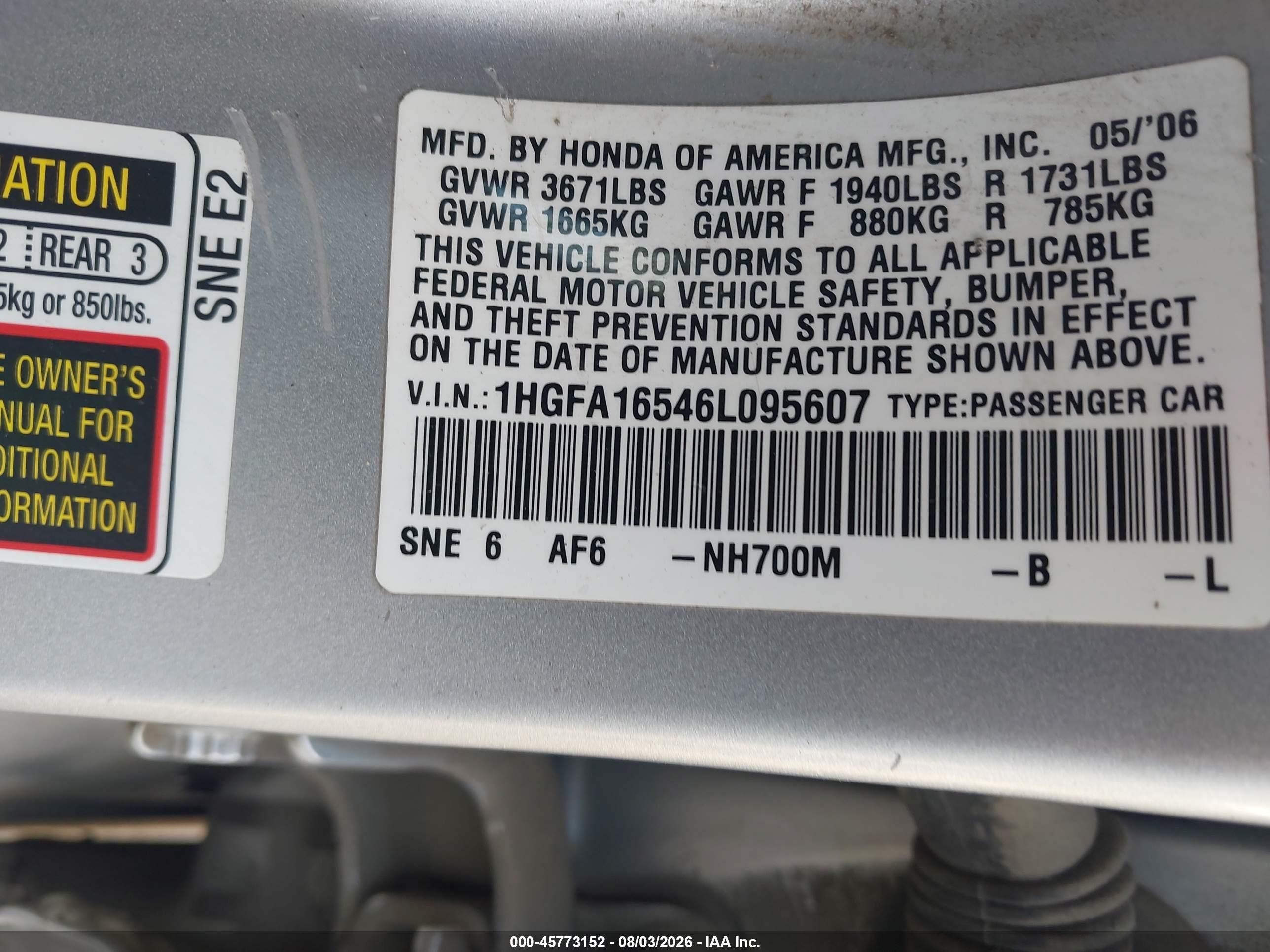 2006 Honda Civic Lx Silver vin: 1HGFA16546L095607