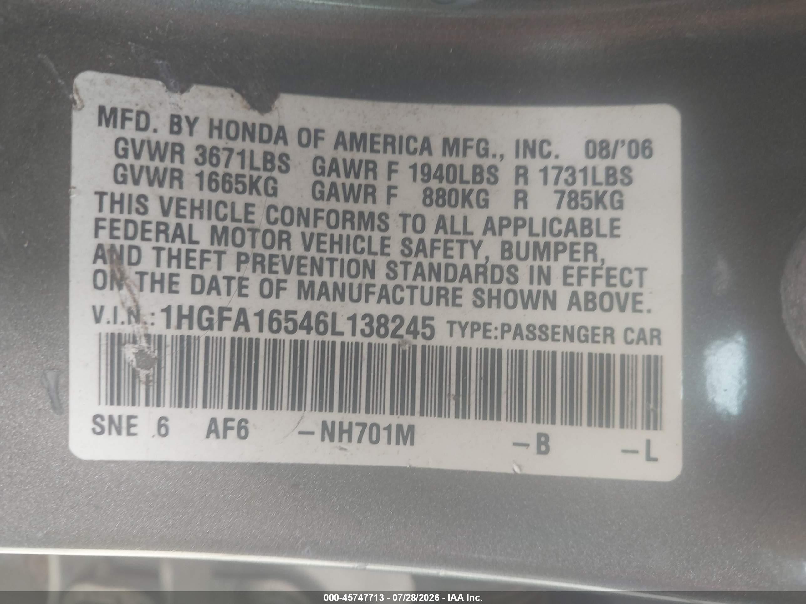 2006 Honda Civic Lx Gray vin: 1HGFA16546L138245