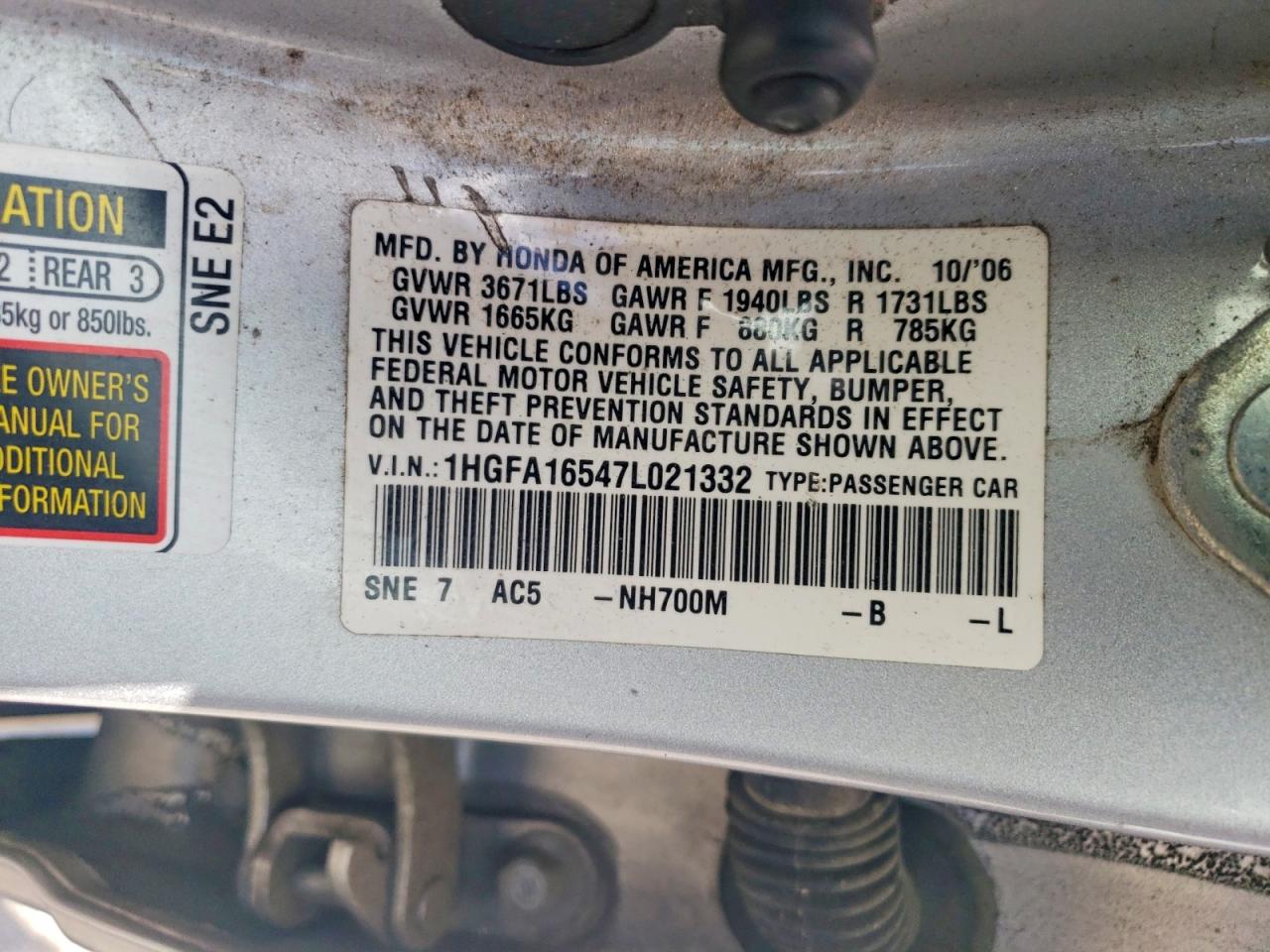 2007 Honda Civic Lx Silver vin: 1HGFA16547L021332
