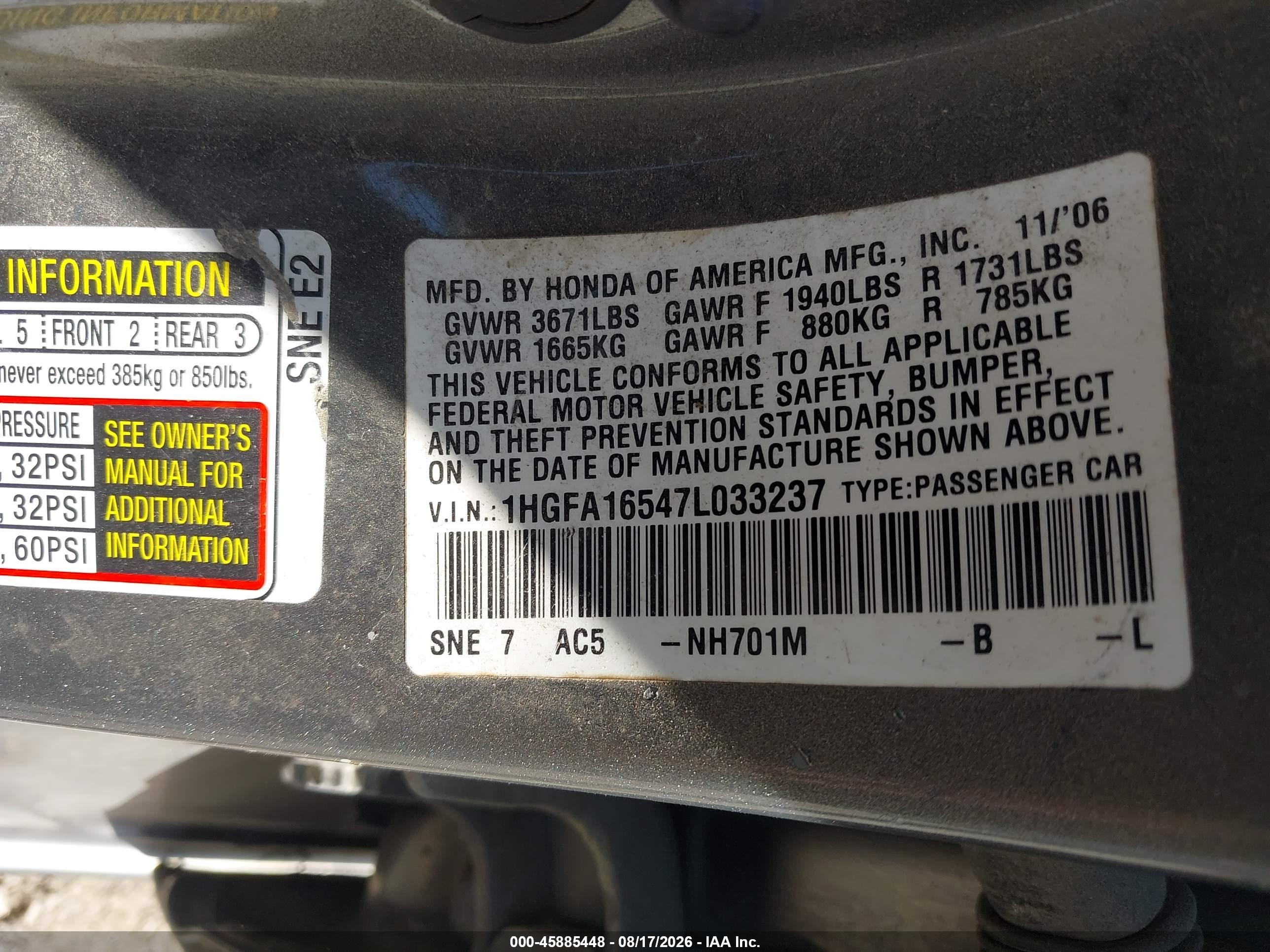 2007 Honda Civic Lx Gray vin: 1HGFA16547L033237