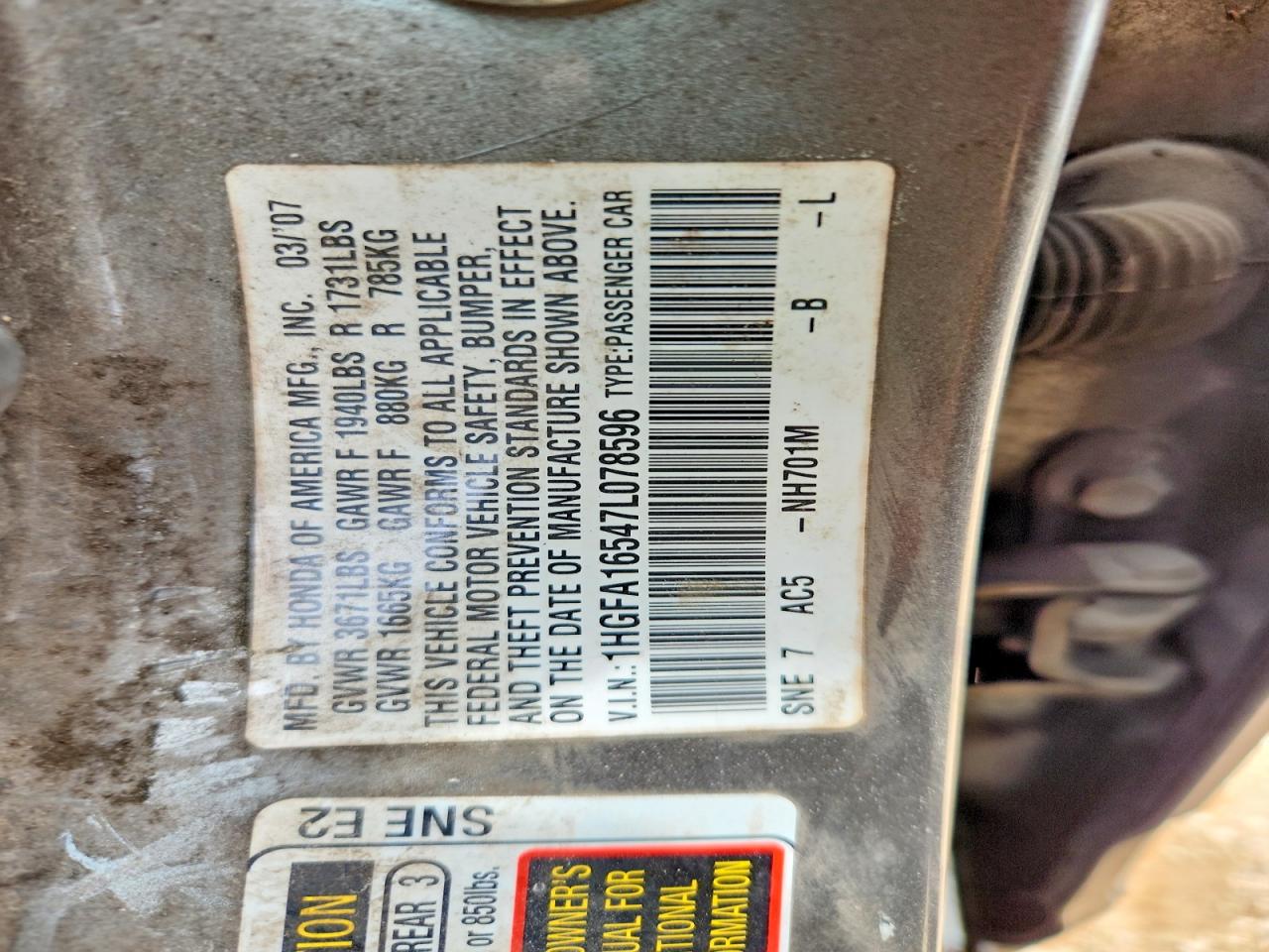2007 Honda Civic Lx Gray vin: 1HGFA16547L078596