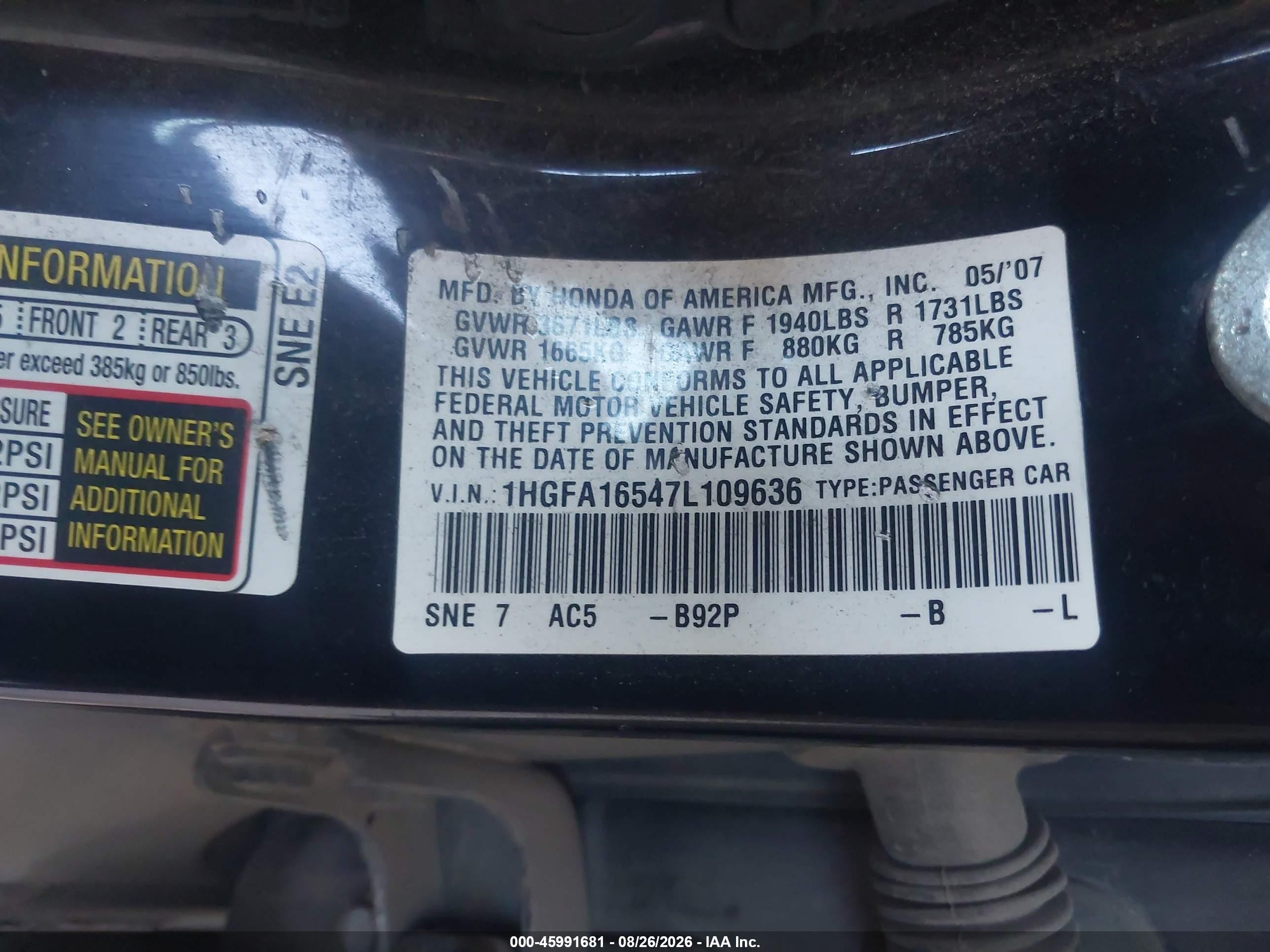 2007 Honda Civic Lx Black vin: 1HGFA16547L109636