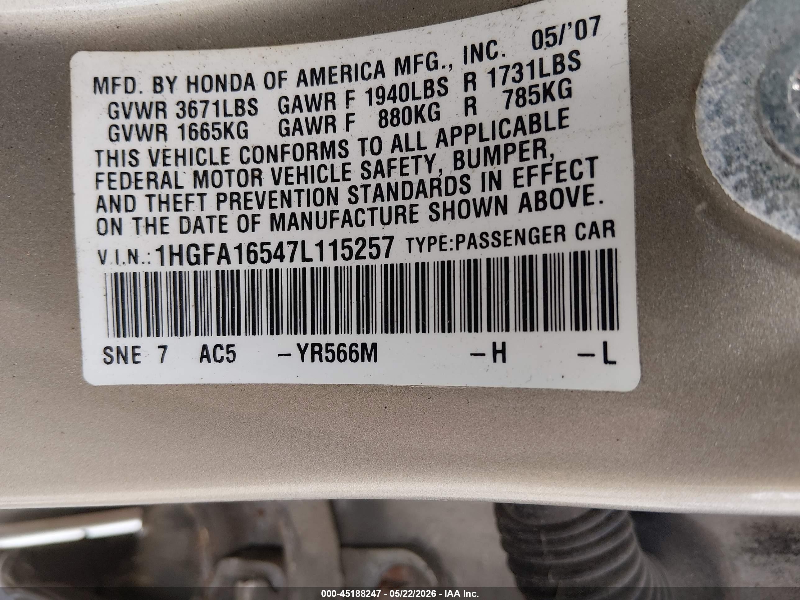 2007 Honda Civic Lx Золотой vin: 1HGFA16547L115257