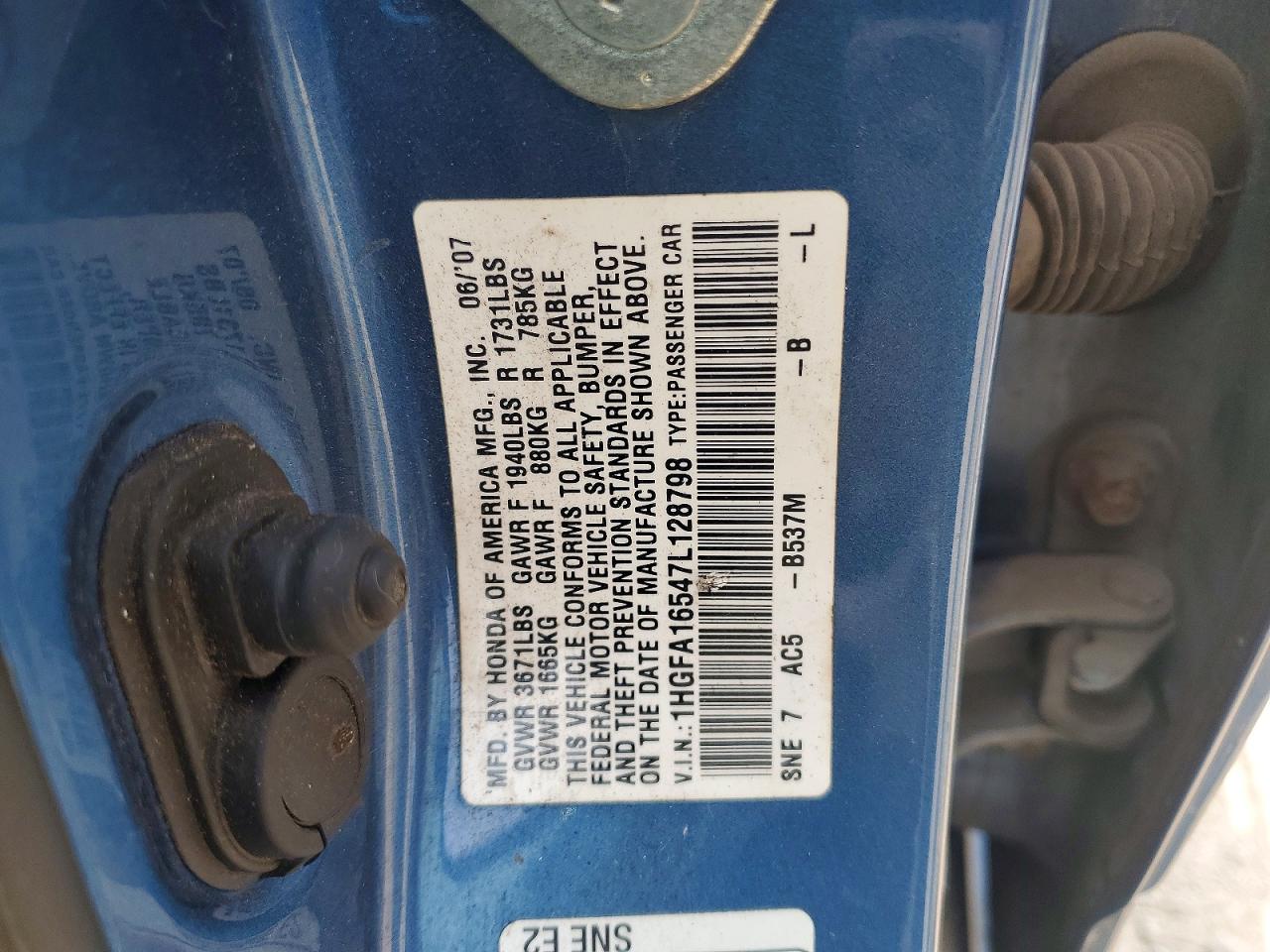 2007 Honda Civic Lx Blue vin: 1HGFA16547L128798