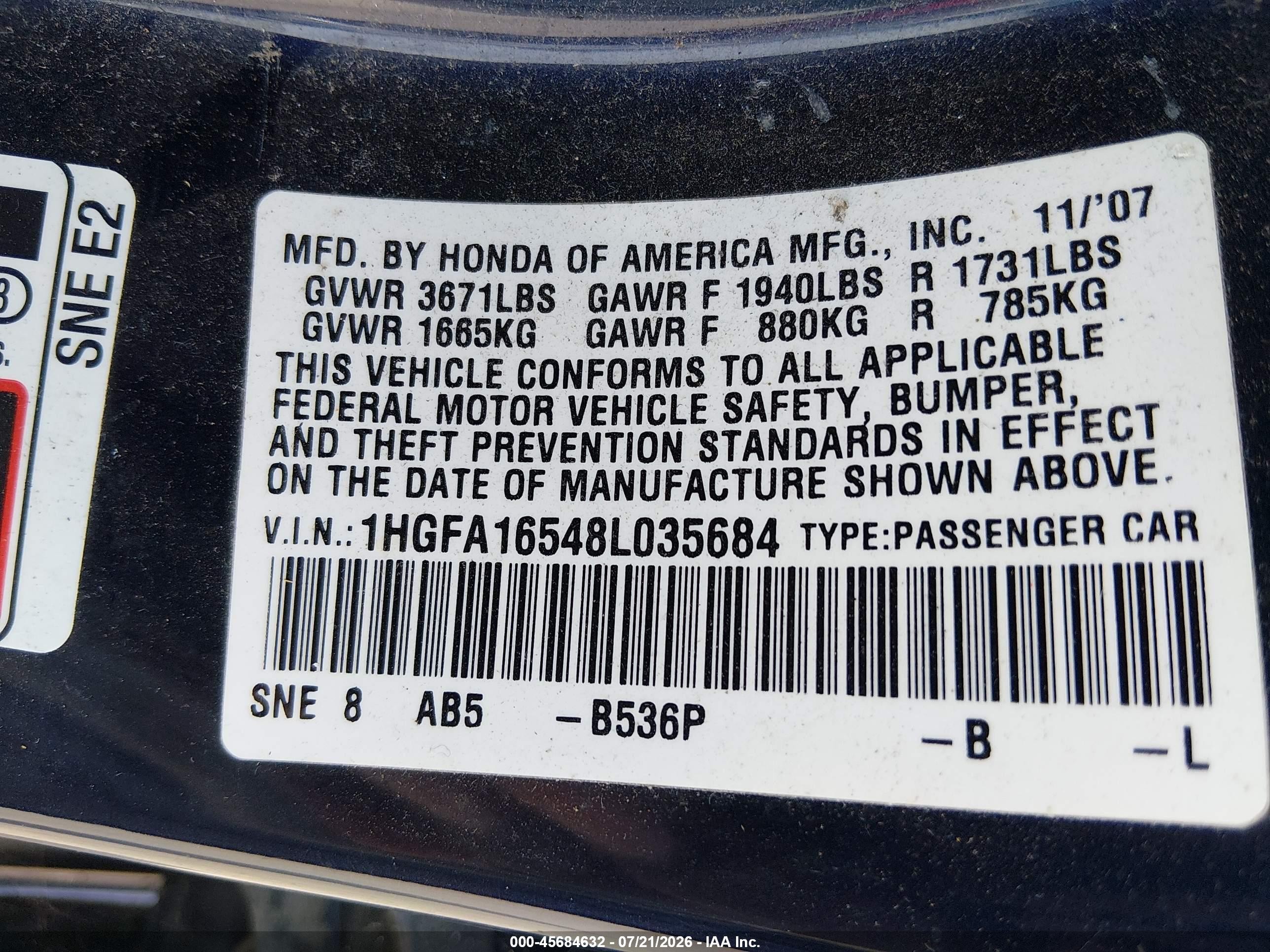 2008 Honda Civic Lx Blue vin: 1HGFA16548L035684