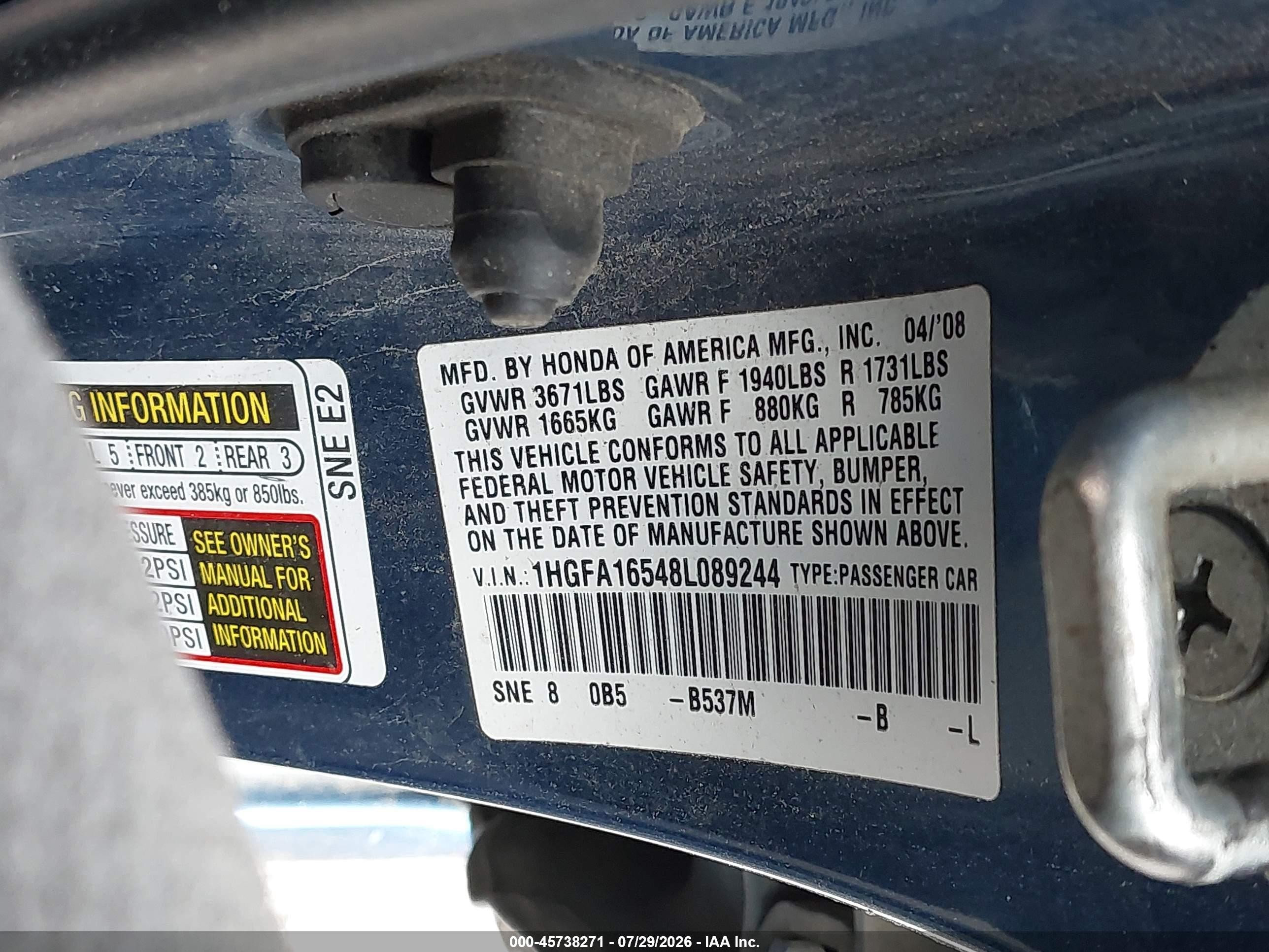 2008 Honda Civic Lx Синий vin: 1HGFA16548L089244