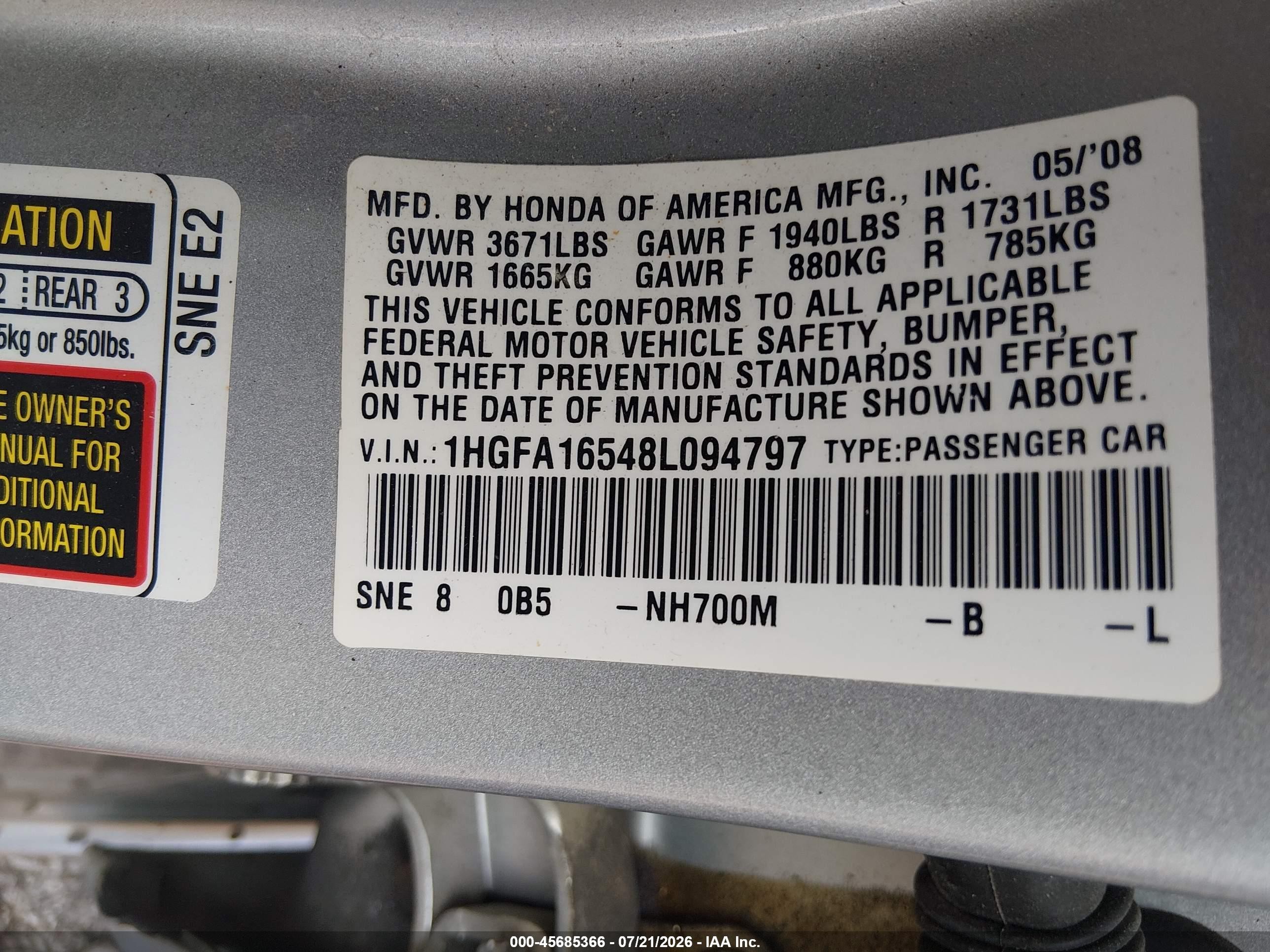 2008 Honda Civic Lx Silver vin: 1HGFA16548L094797