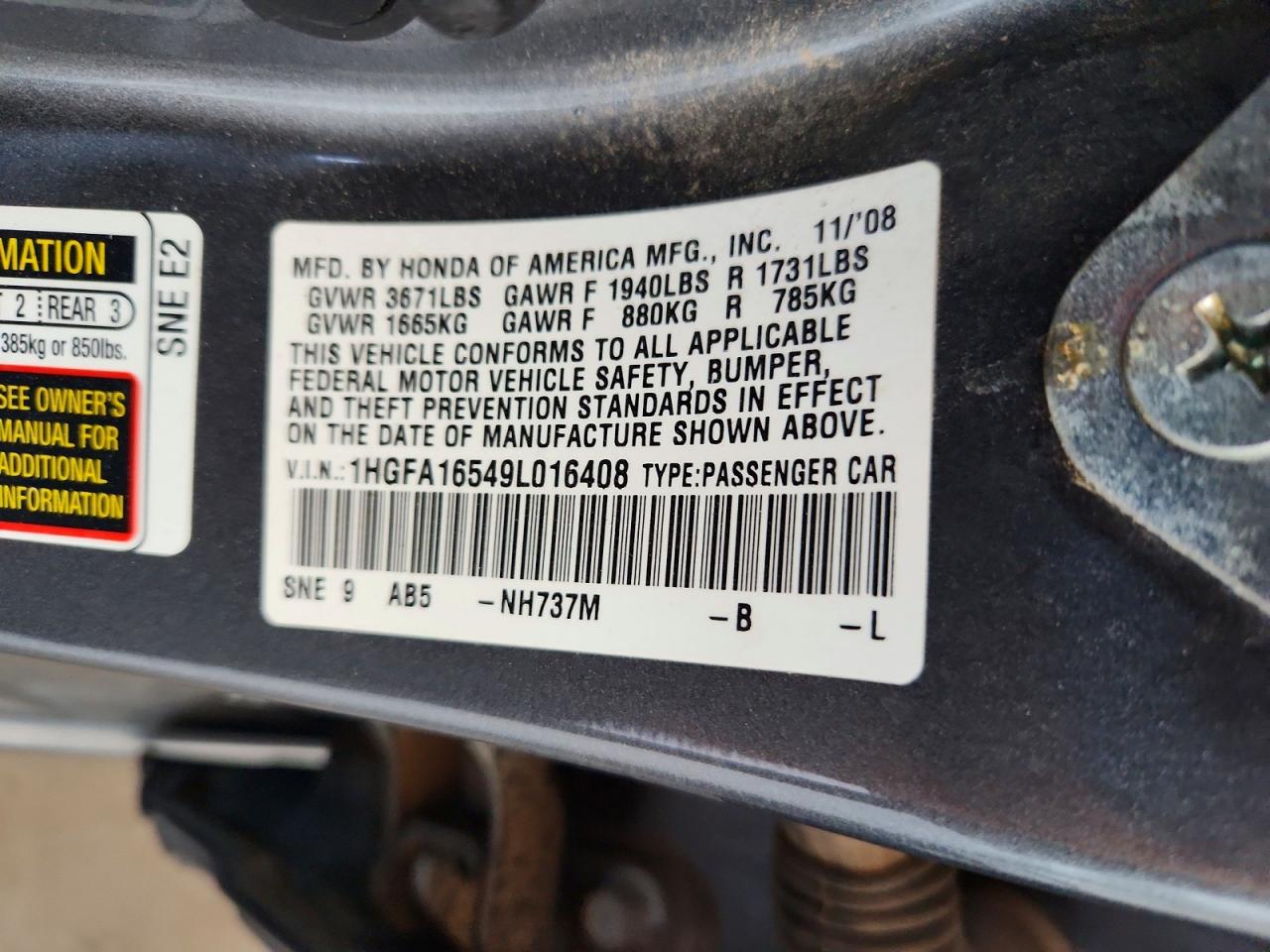 2009 Honda Civic Lx Gray vin: 1HGFA16549L016408