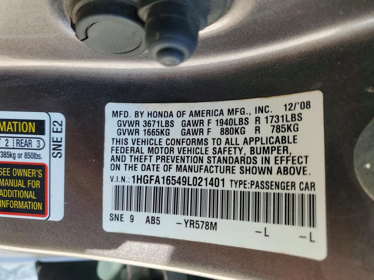 2009 Honda Civic Lx Серый vin: 1HGFA16549L021401