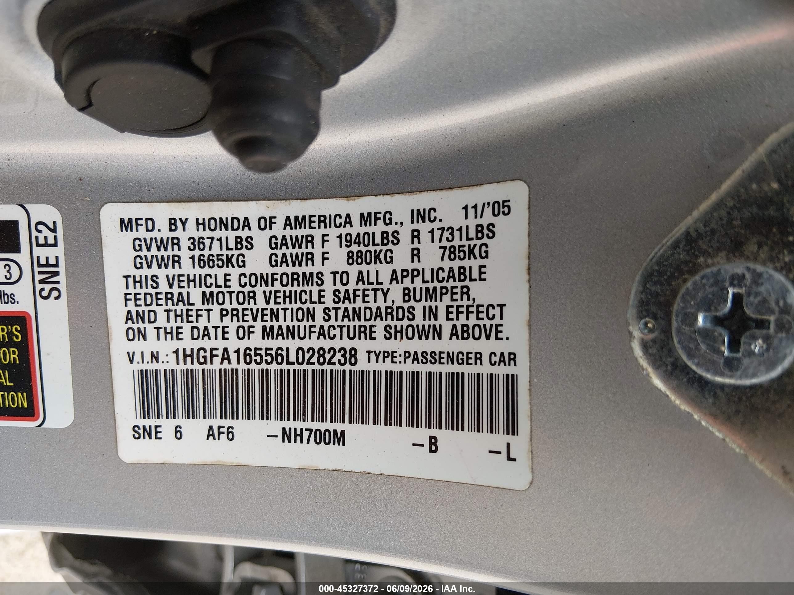 2006 Honda Civic Lx Silver vin: 1HGFA16556L028238