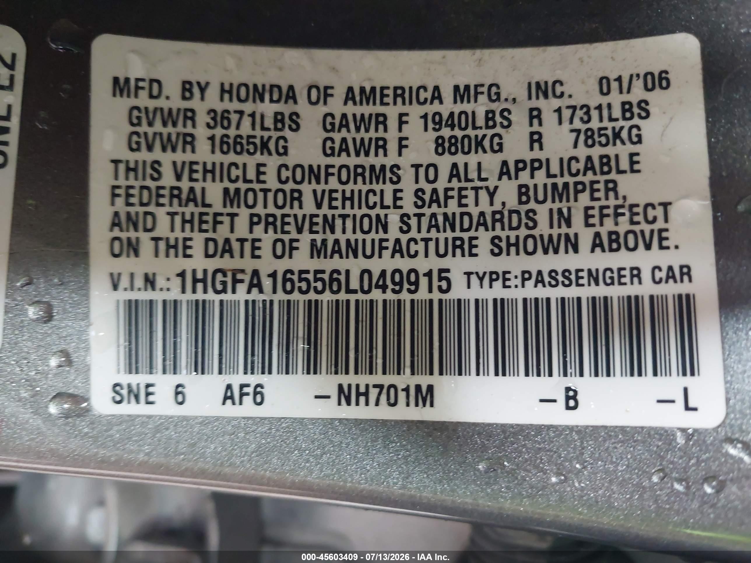 2006 Honda Civic Lx Gray vin: 1HGFA16556L049915