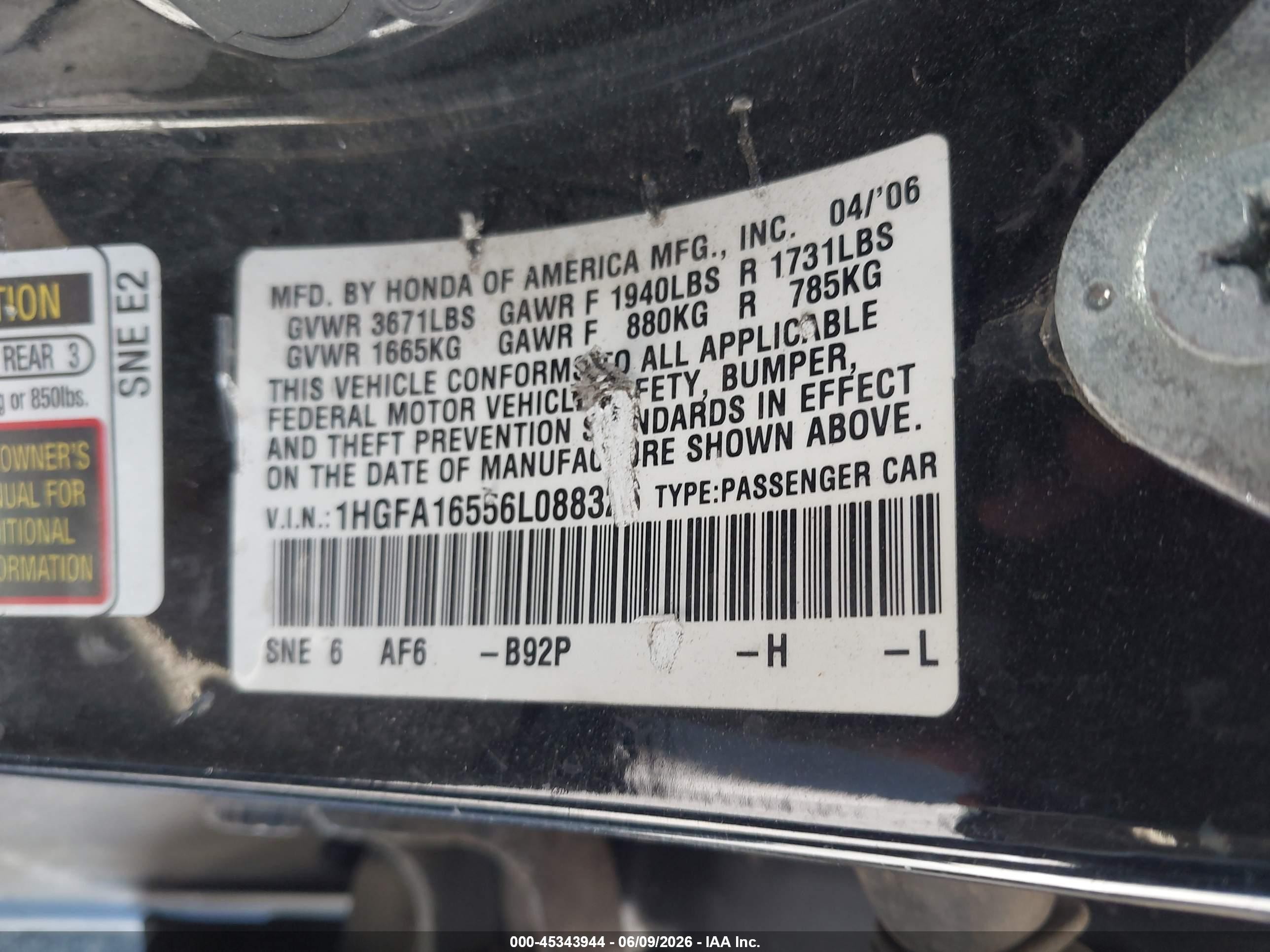 2006 Honda Civic Lx Black vin: 1HGFA16556L088326