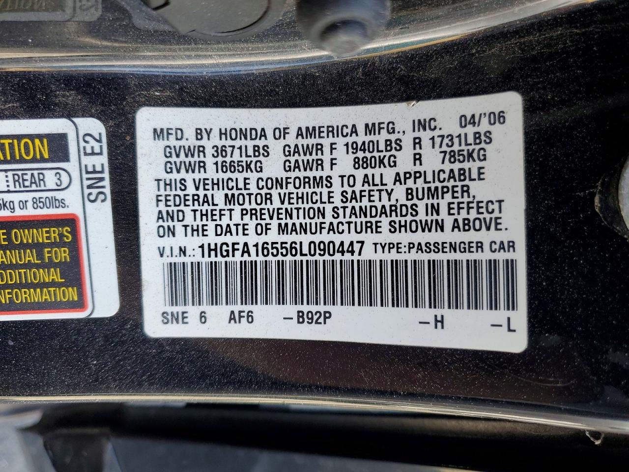 2006 Honda Civic Lx Black vin: 1HGFA16556L090447