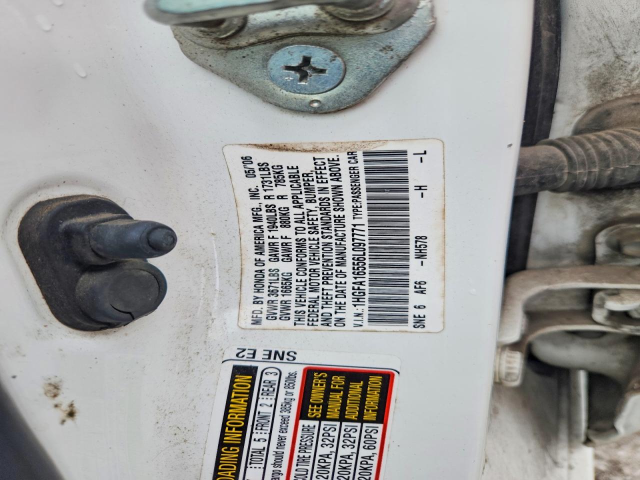 2006 Honda Civic Lx Белый vin: 1HGFA16556L097771