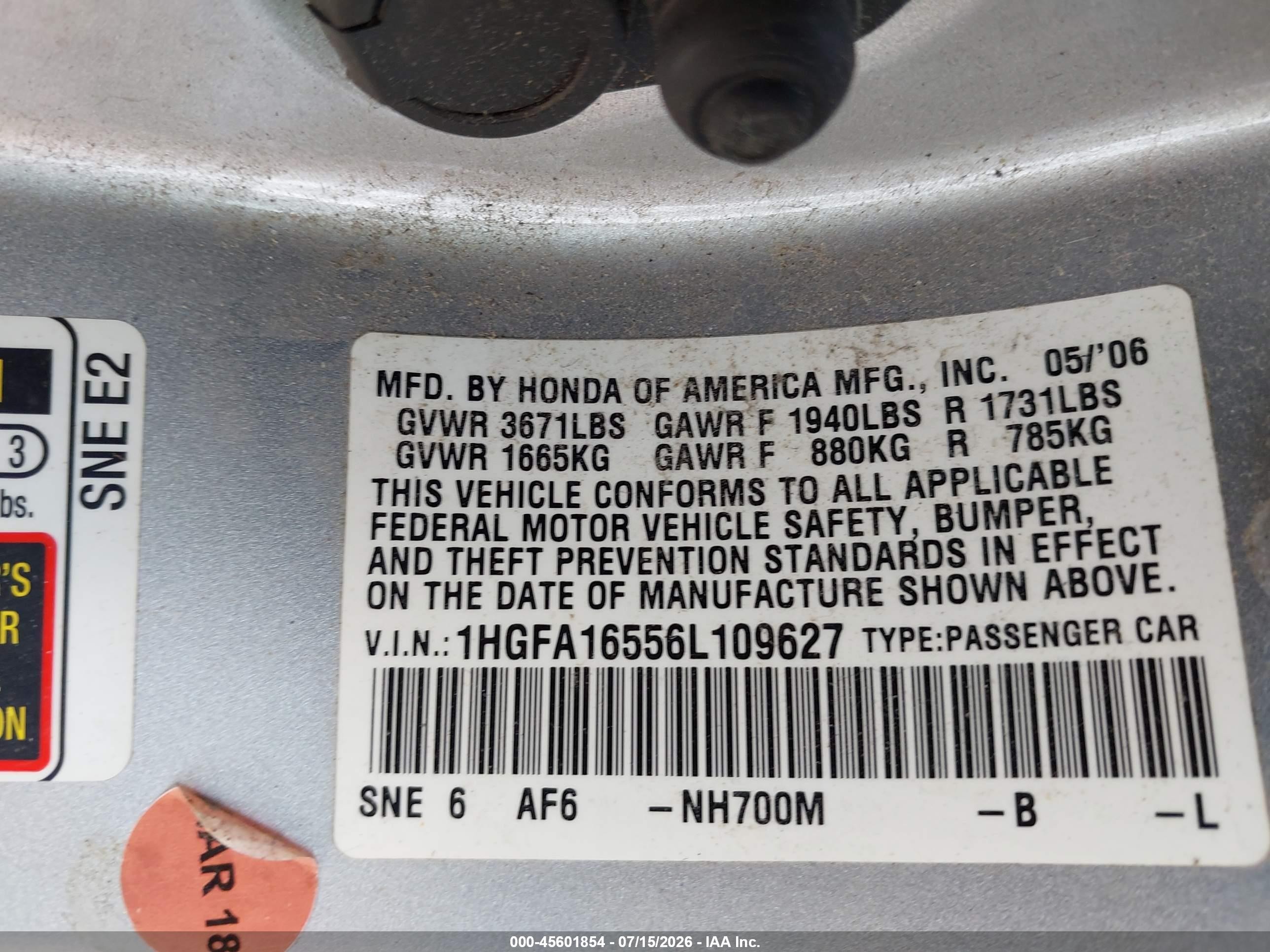 2006 Honda Civic Lx Silver vin: 1HGFA16556L109627
