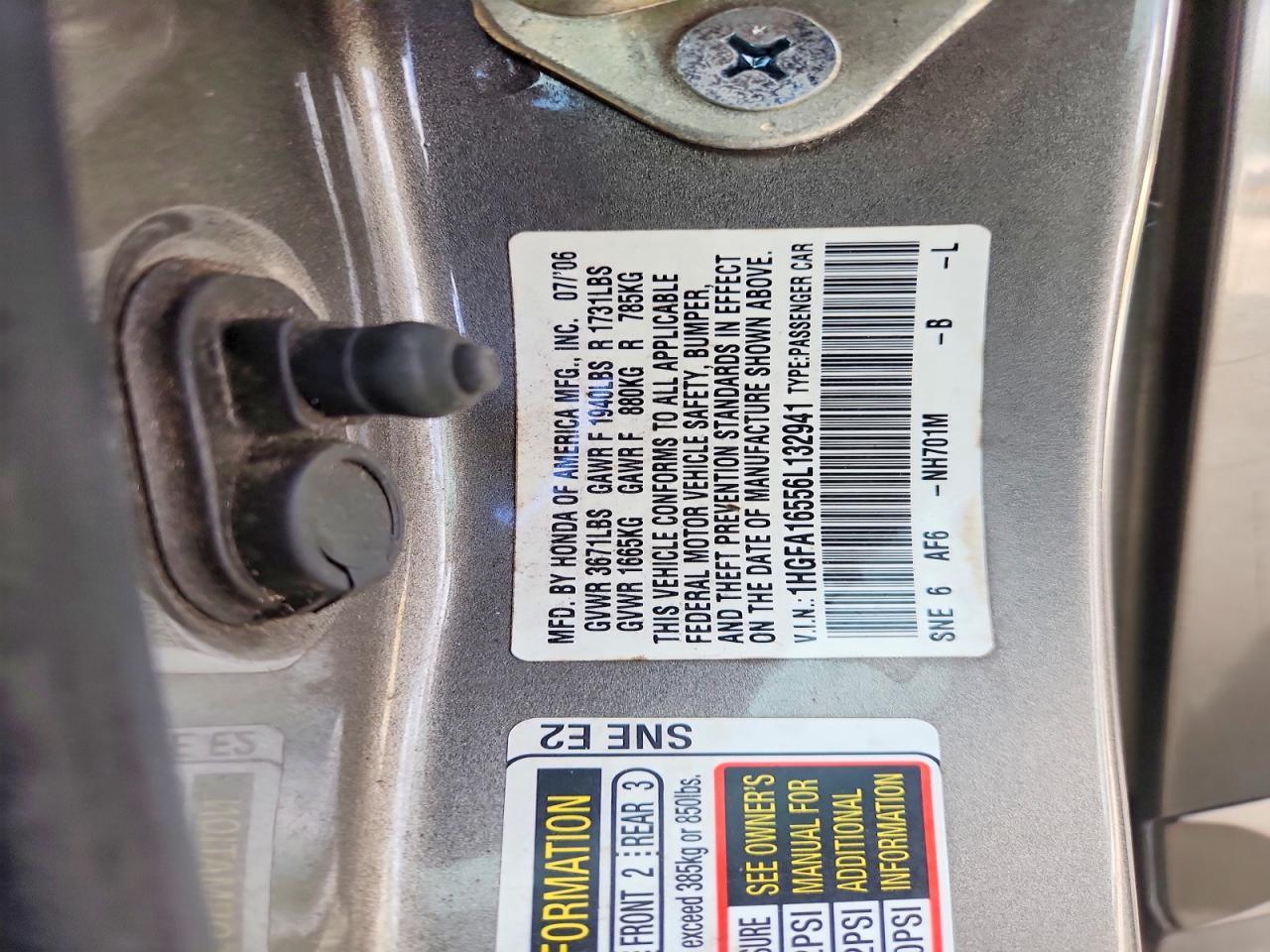 2006 Honda Civic Lx Gray vin: 1HGFA16556L132941