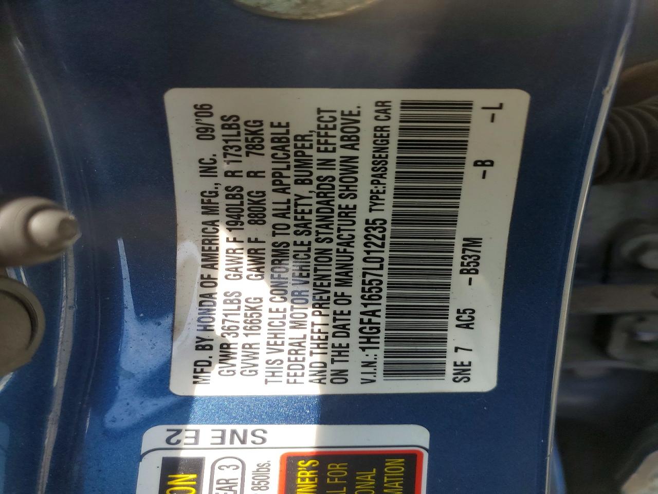 2007 Honda Civic Lx Blue vin: 1HGFA16557L012235