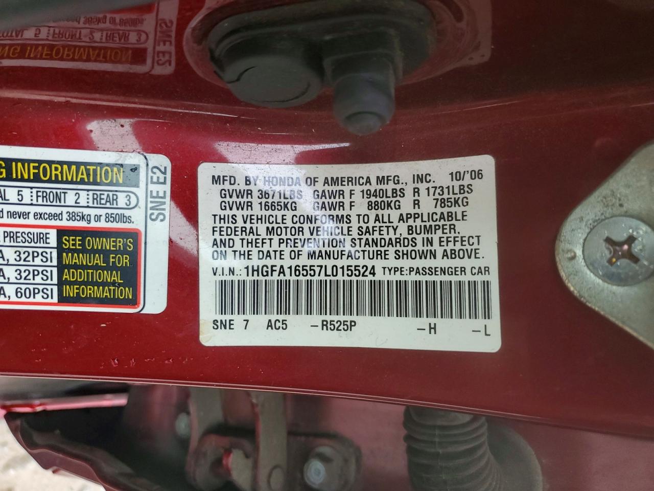 2007 Honda Civic Lx Red vin: 1HGFA16557L015524