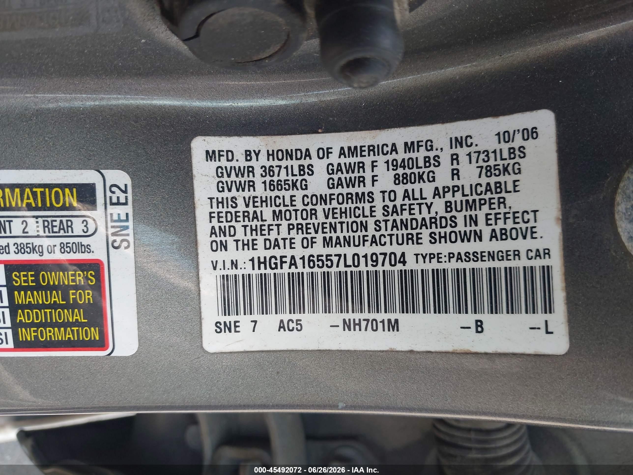 2007 Honda Civic Lx Gray vin: 1HGFA16557L019704