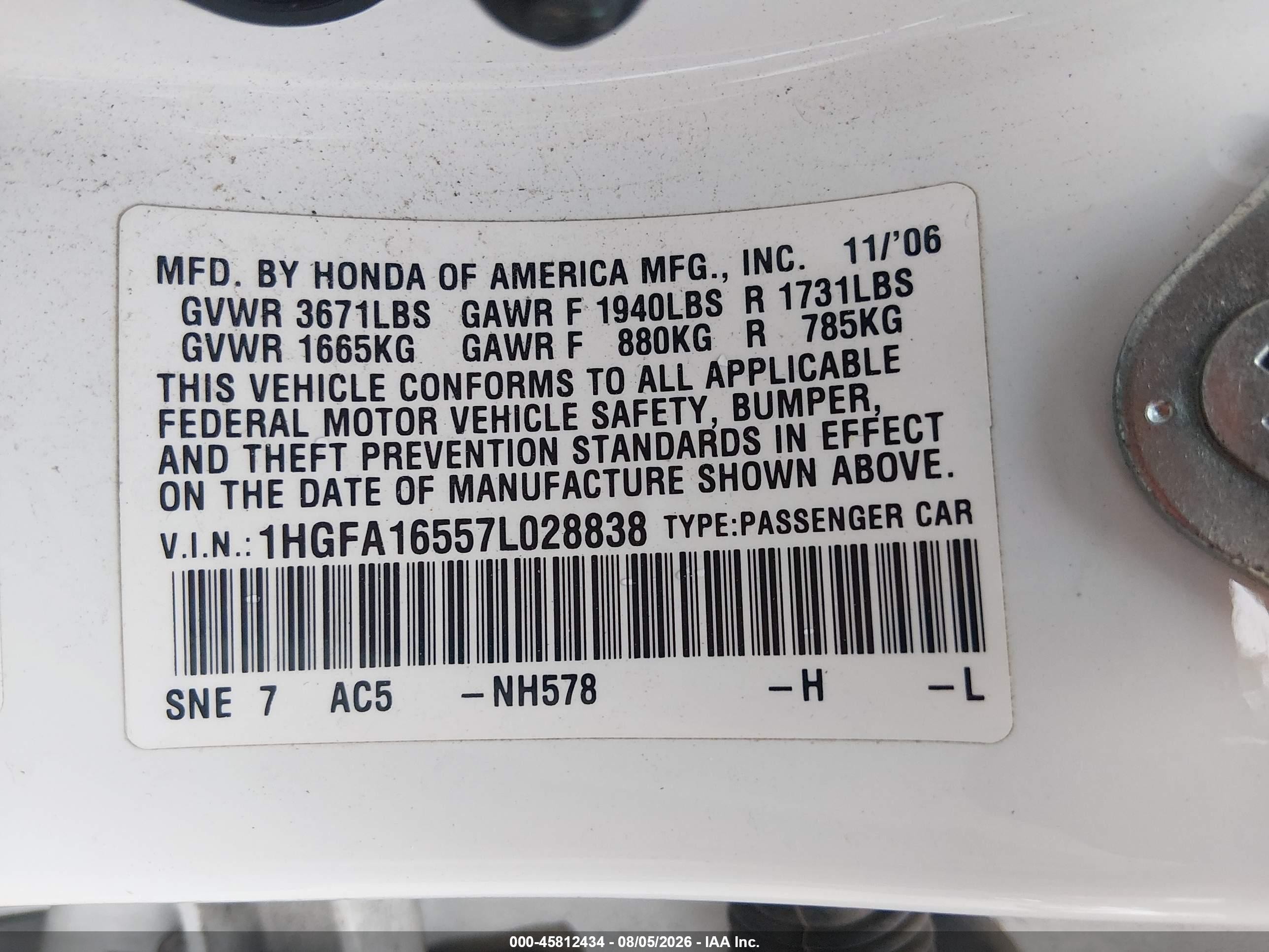 2007 Honda Civic Lx White vin: 1HGFA16557L028838