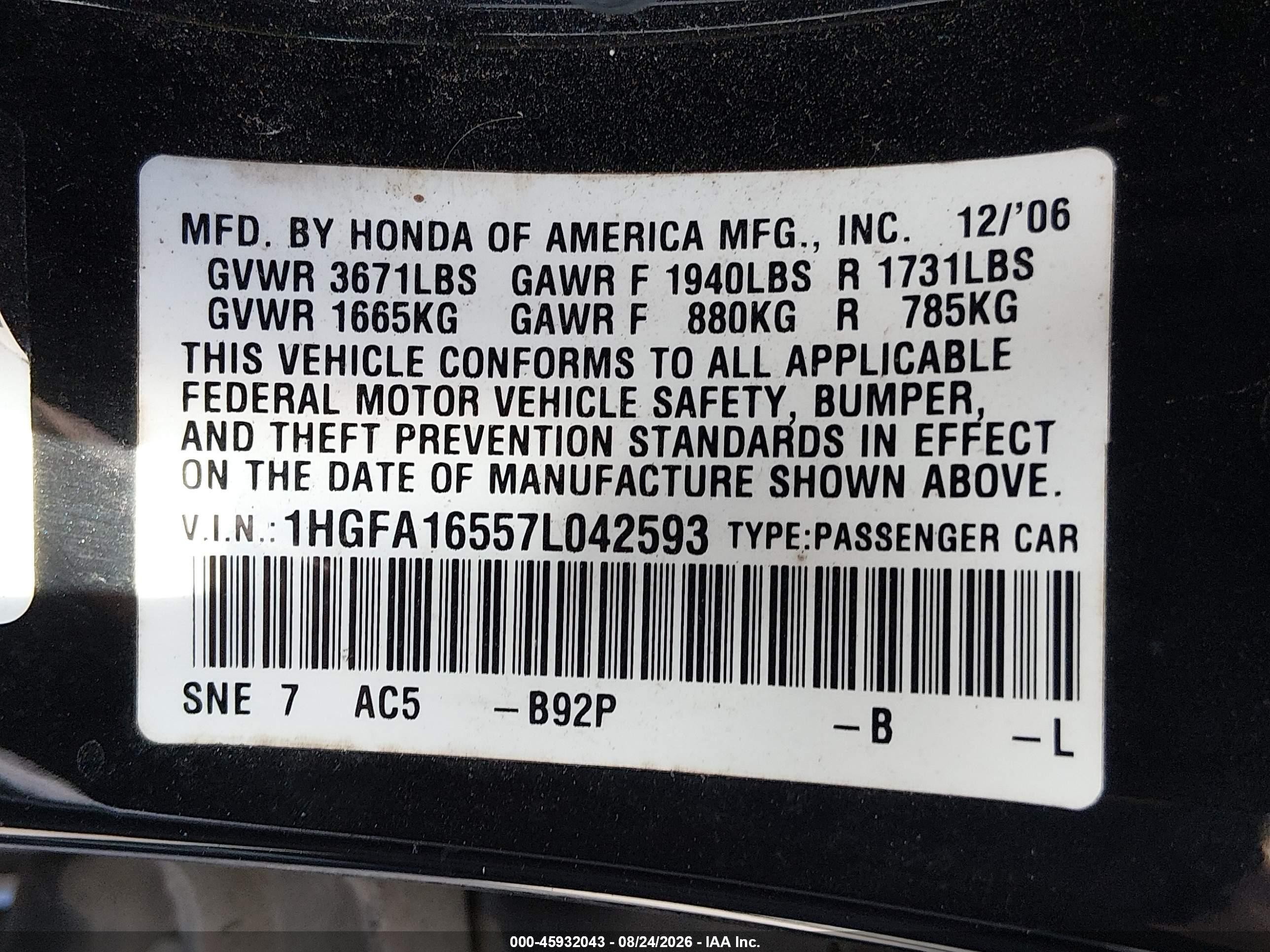 2007 Honda Civic Lx Черный vin: 1HGFA16557L042593