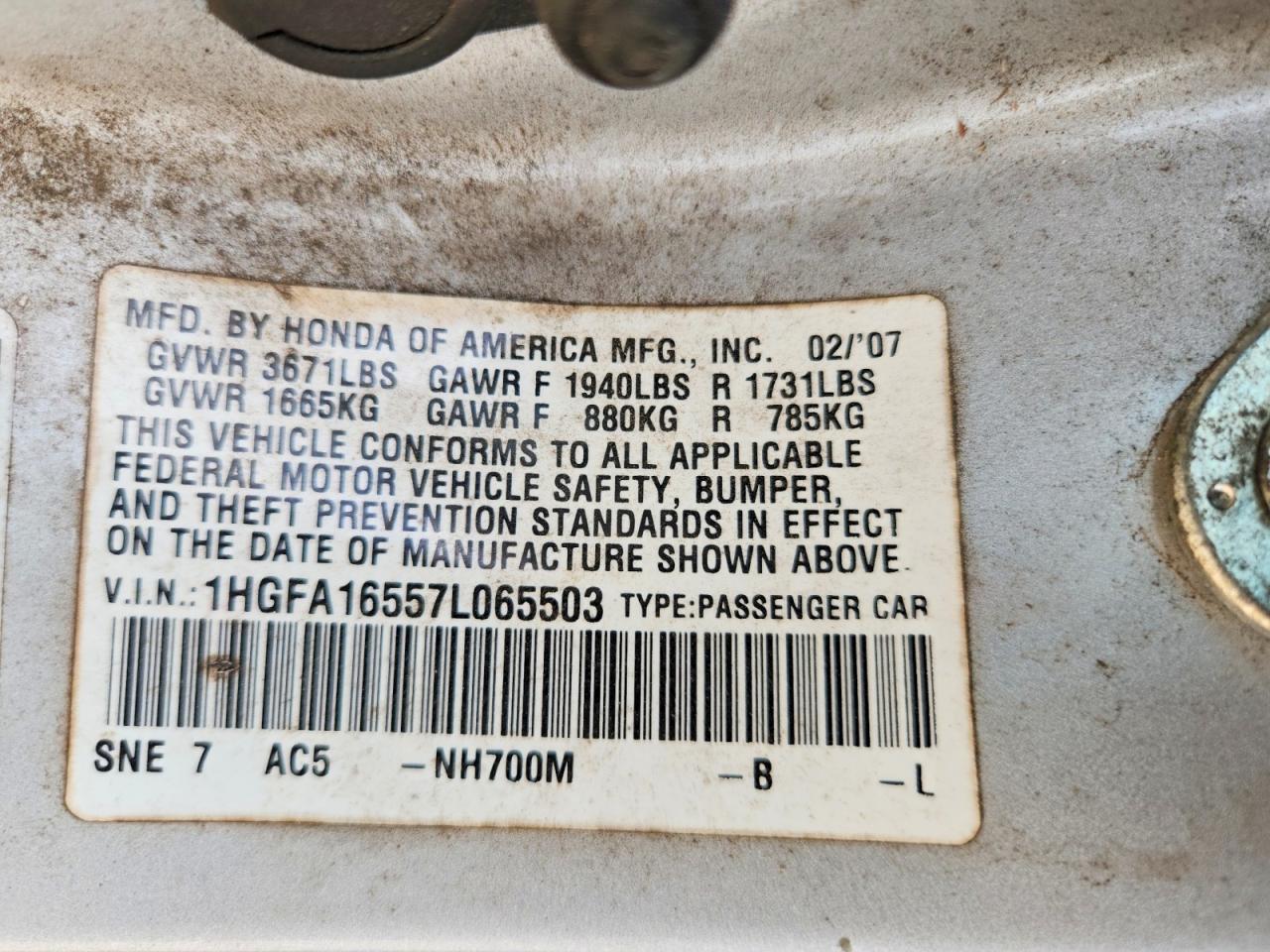 2007 Honda Civic Lx Silver vin: 1HGFA16557L065503