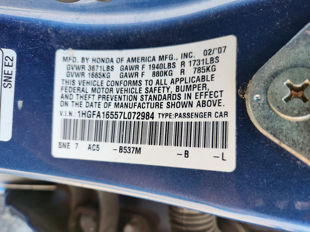 2007 Honda Civic Lx Blue vin: 1HGFA16557L072984